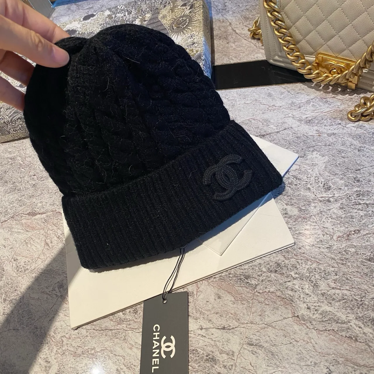 Chanel Cable-knit CC beanie in Black & White & Beige & Tan & Grey · view 6