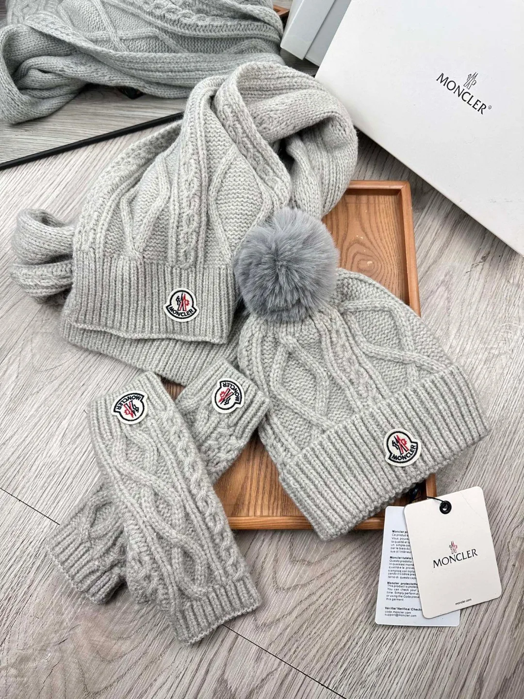 Moncler Wool Hat Scarf and Gloves Set in Grey · view 6