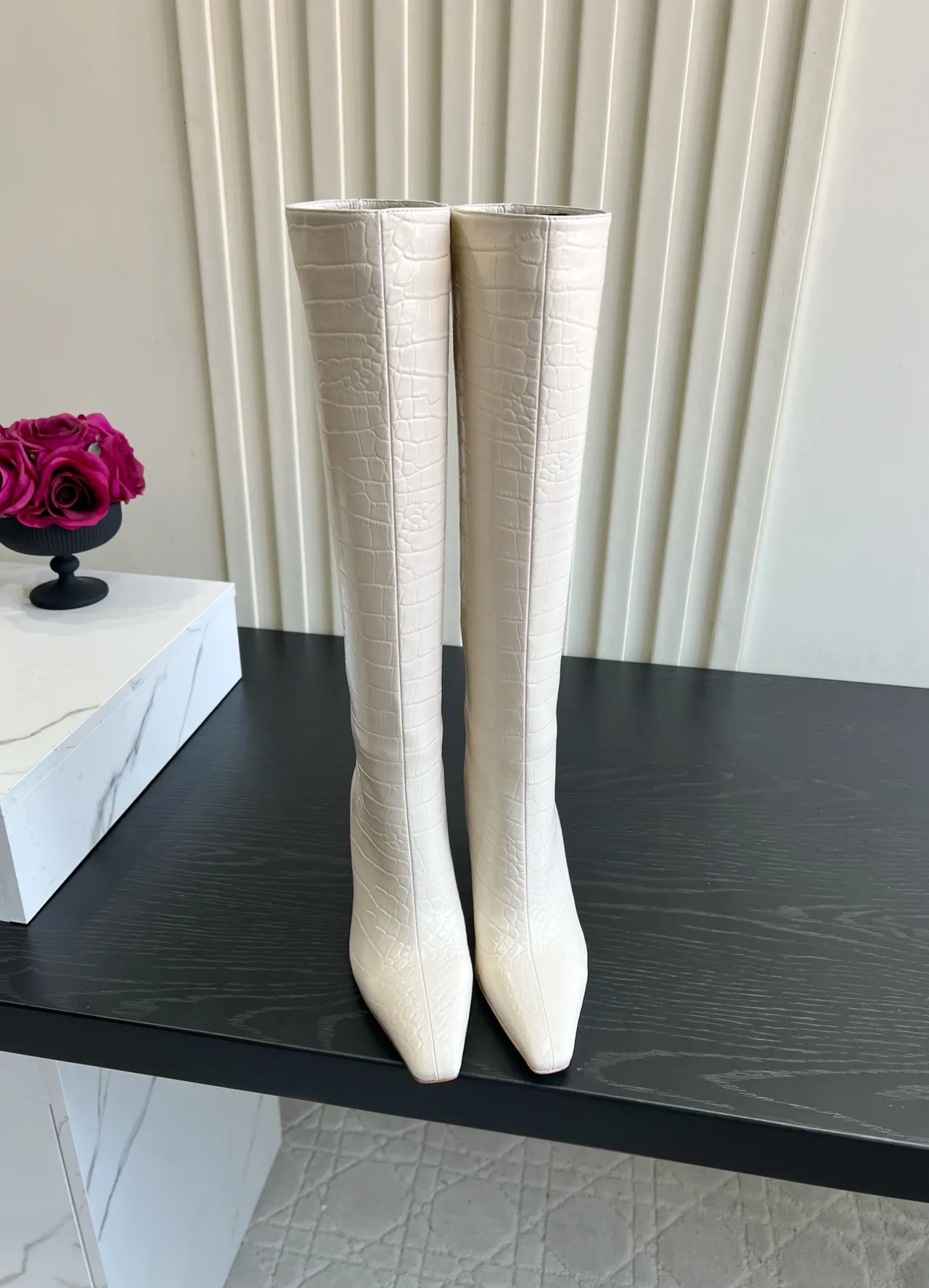 Amina Muaddi Cowhide Knee-High Boots in Cream · view 1