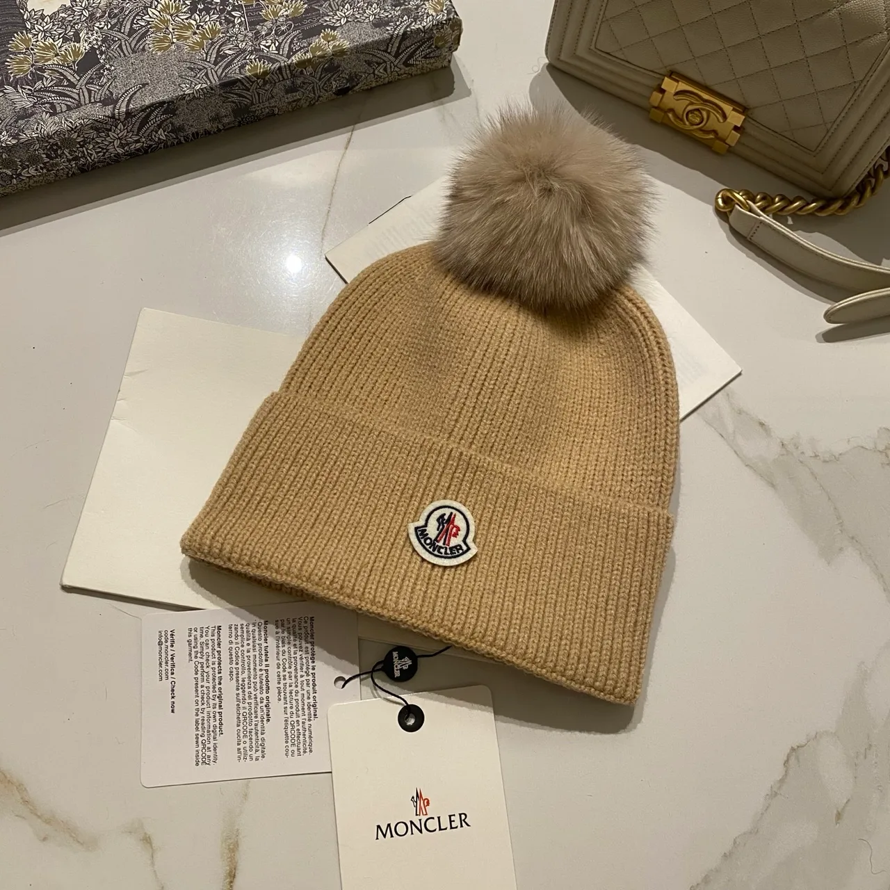 Moncler Pom Beanie in Red & Blue & Orange & Yellow & Pink & Burgundy & Brown & Grey & Black & White & Beige · view 8