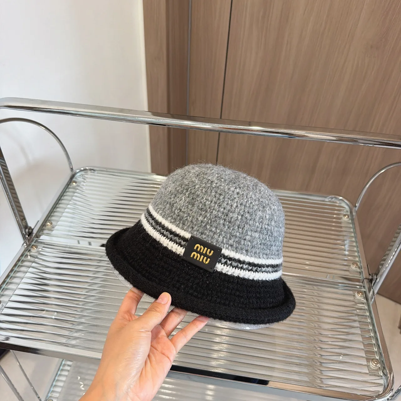 Miu Miu Knit bucket hat in Cream & Brown & Grey · view 4