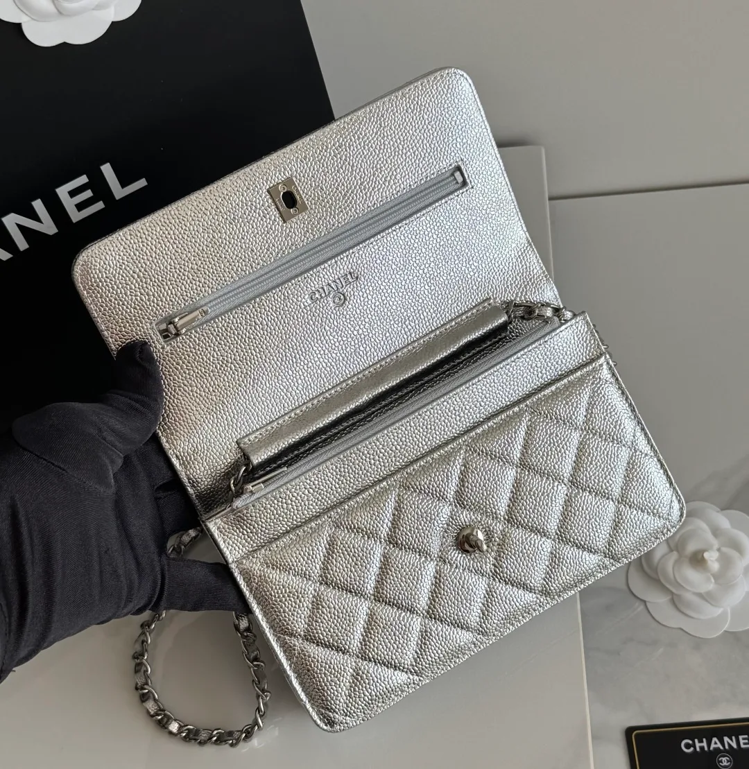 Chanel Calfskin Quilted Glossy Clutch in Silver · view 8