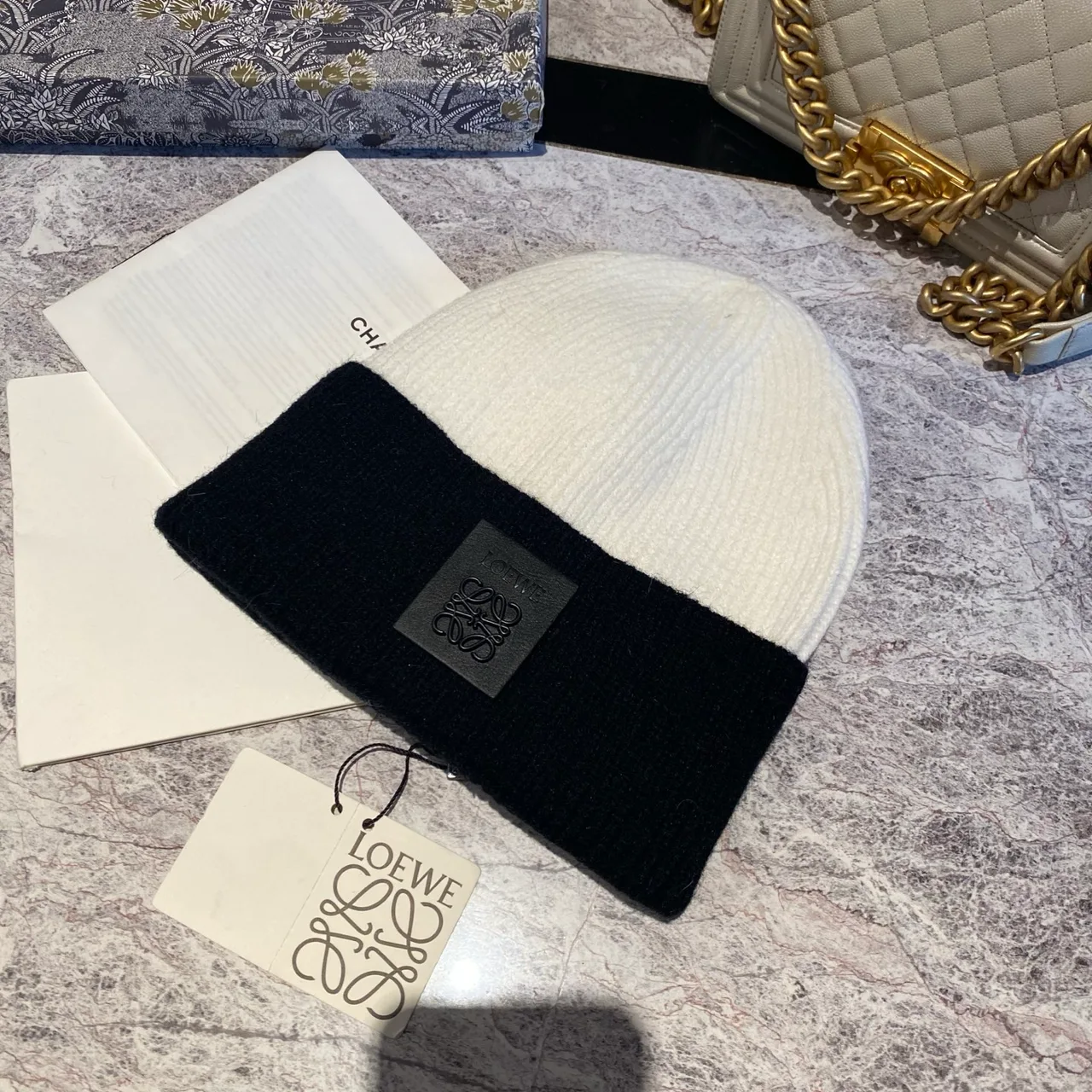 Loewe Colorblock logo-patch knit beanie in Black & Cream & Tan · view 2
