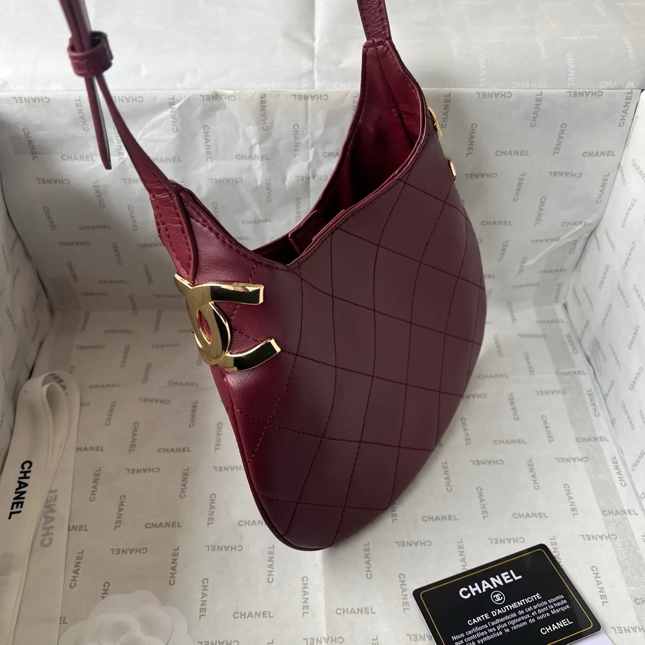 Chanel Quilted Hobo Bag in Burgundy · view 2