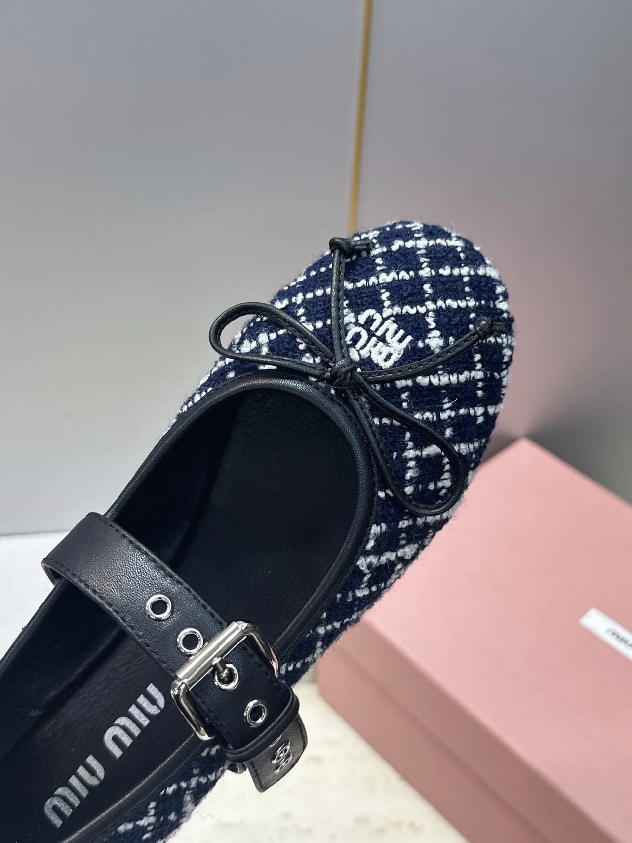 Miu Miu Calfskin Check Buckle Mary Jane Flats in Blue · view 7