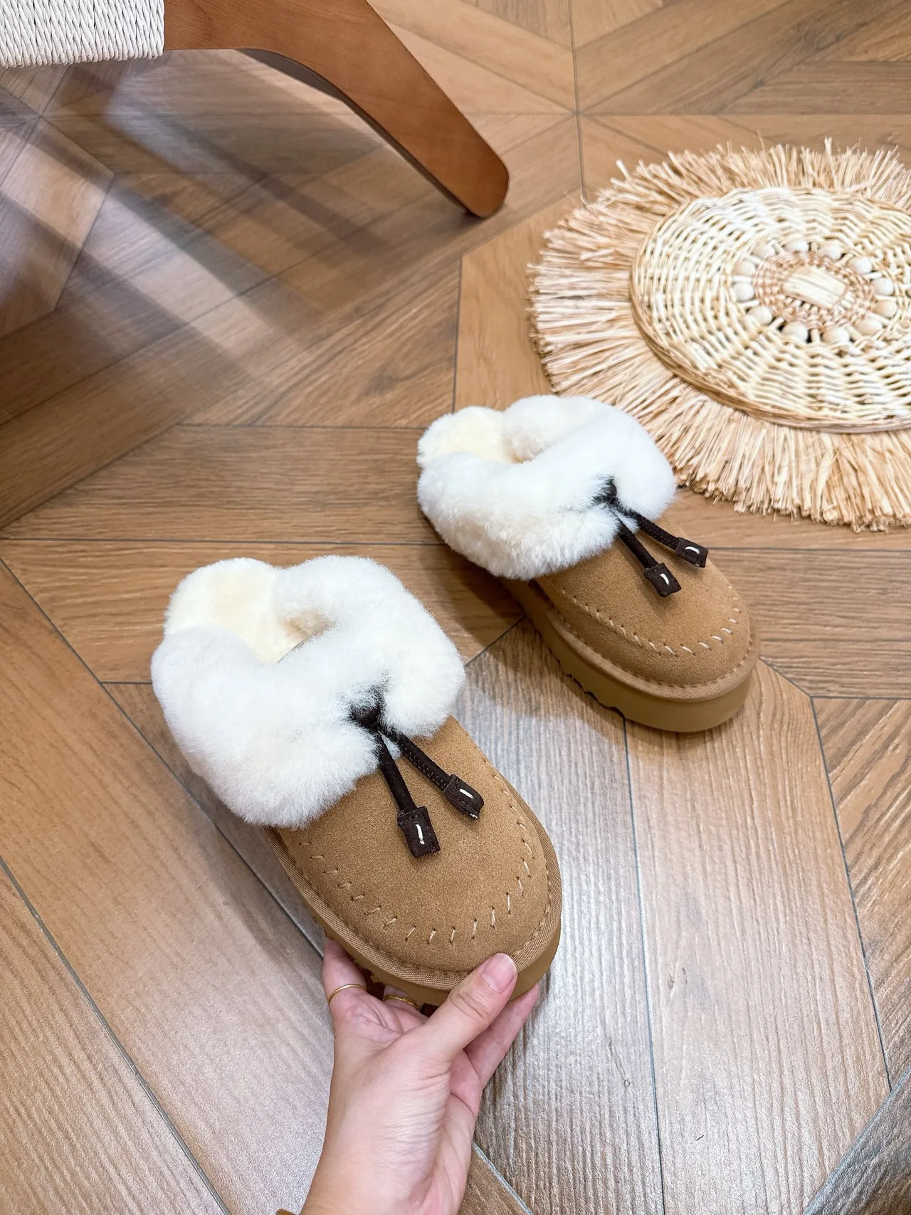 Suede-Look Plush-Cuff Platform Mules in Brown · view 5