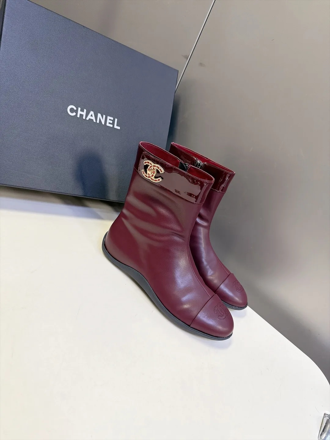 Chanel Calfskin Glossy Ankle Boots in Burgundy · view 2