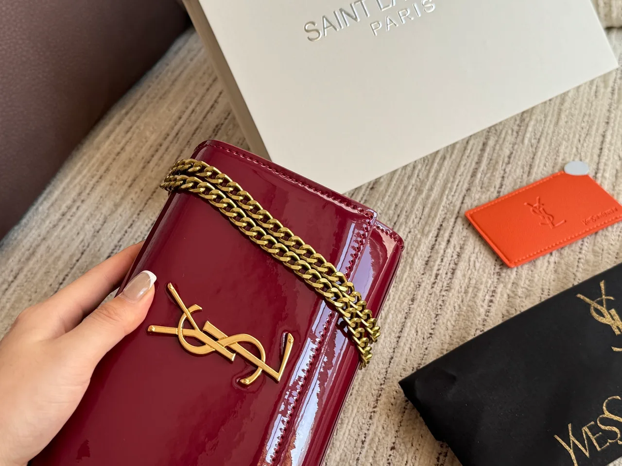 Saint Laurent Kate Glossy Chain-Strap Shoulder Bag in Burgundy · view 3