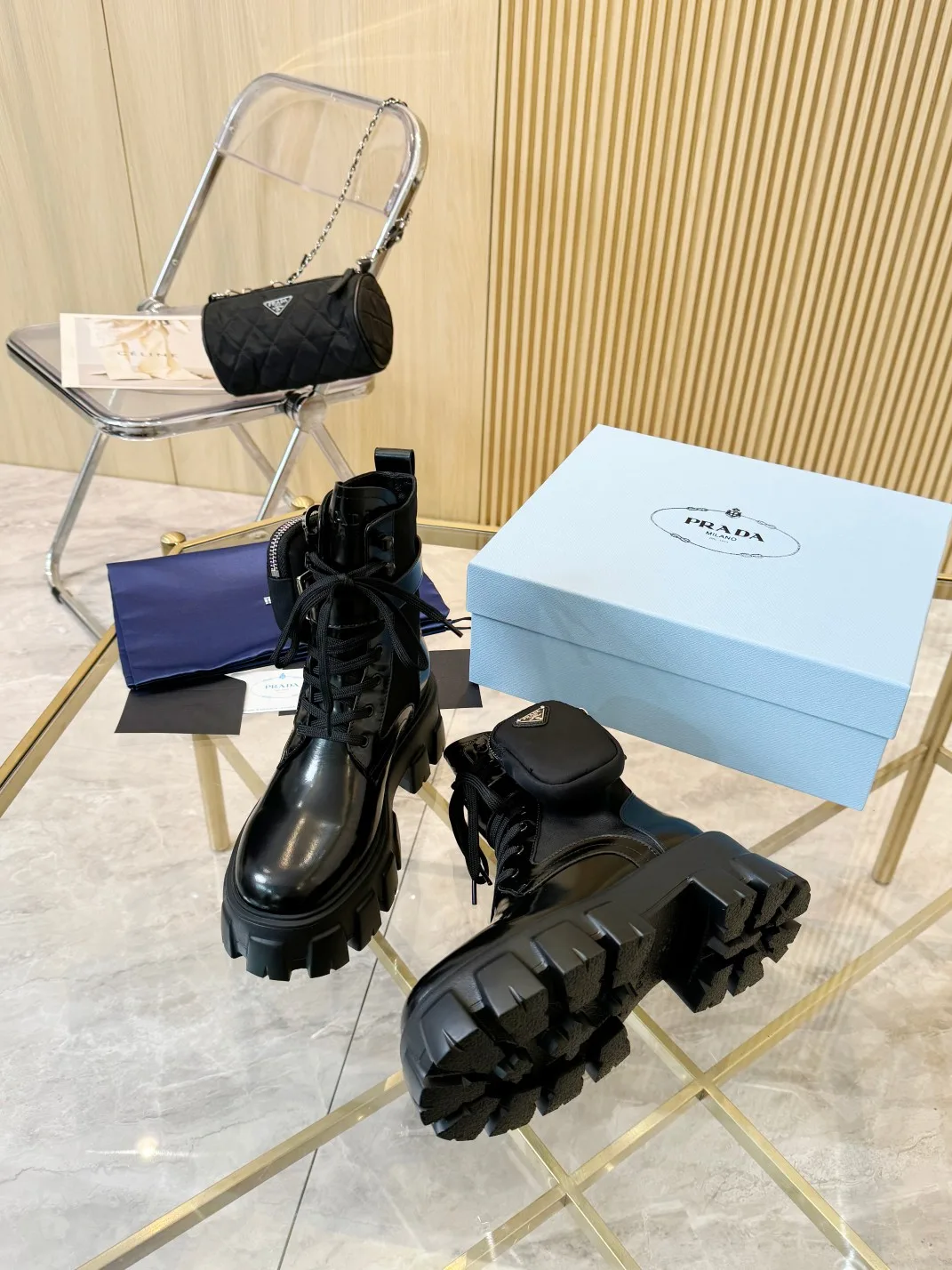 Prada Cowhide Glossy Lace-Up Ankle Boots in Black · view 4