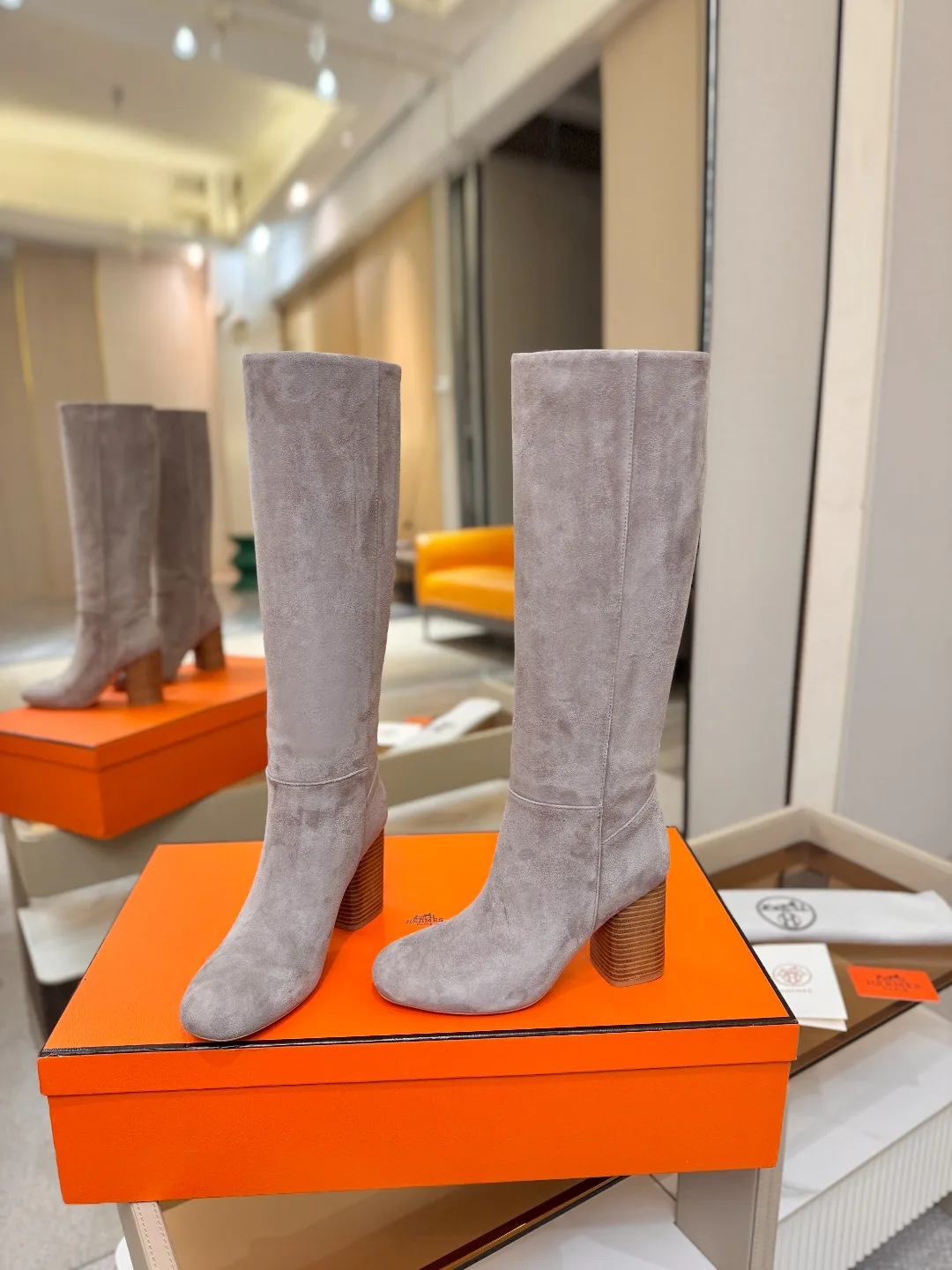 Hermes Cowhide Knee-High Boots in Grey · view 3