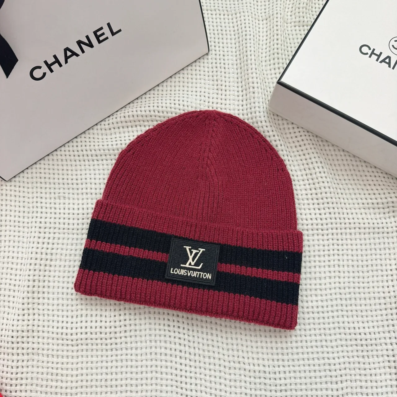 Louis Vuitton Striped monogram knit beanie in Grey & Black & Blue & Burgundy & Brown & Red & White · view 3