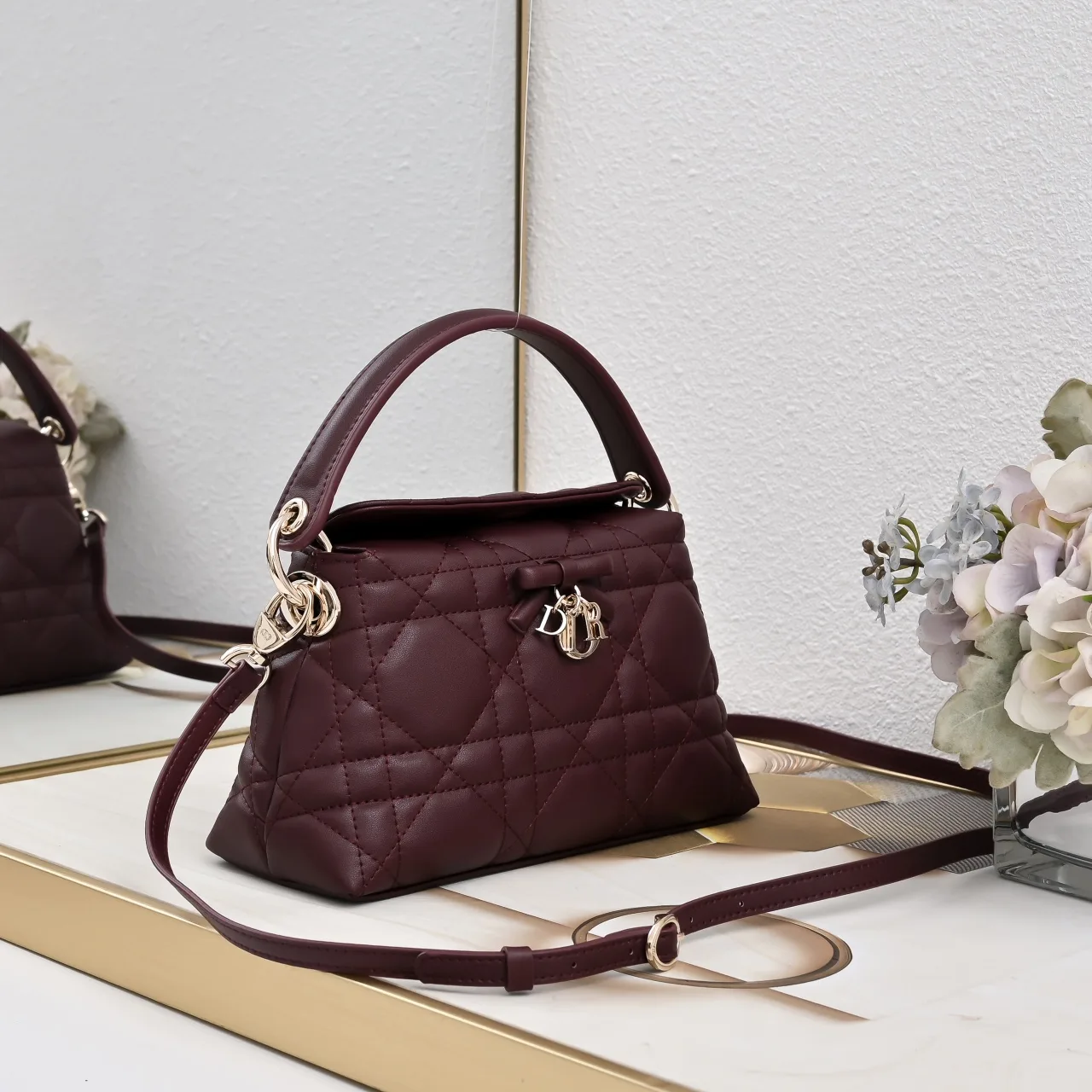 Dior Sheepskin Quilted Top-Handle Bag in Burgundy · view 2
