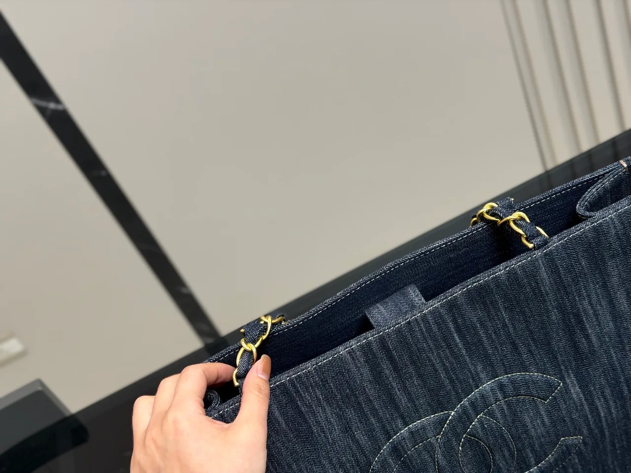 Chanel Denim Chain Tote in Blue · view 7