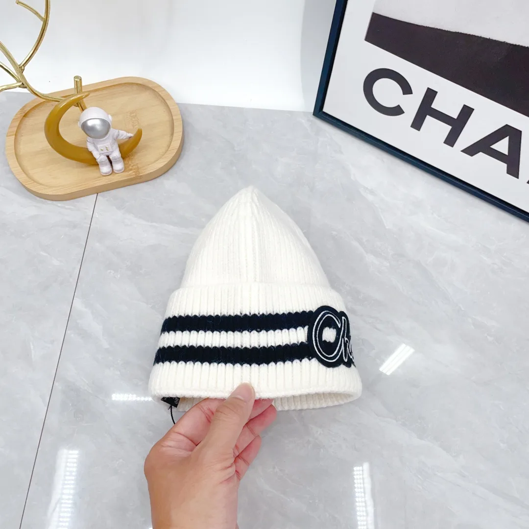 Chanel Striped Embroidered Beanie in White · view 8
