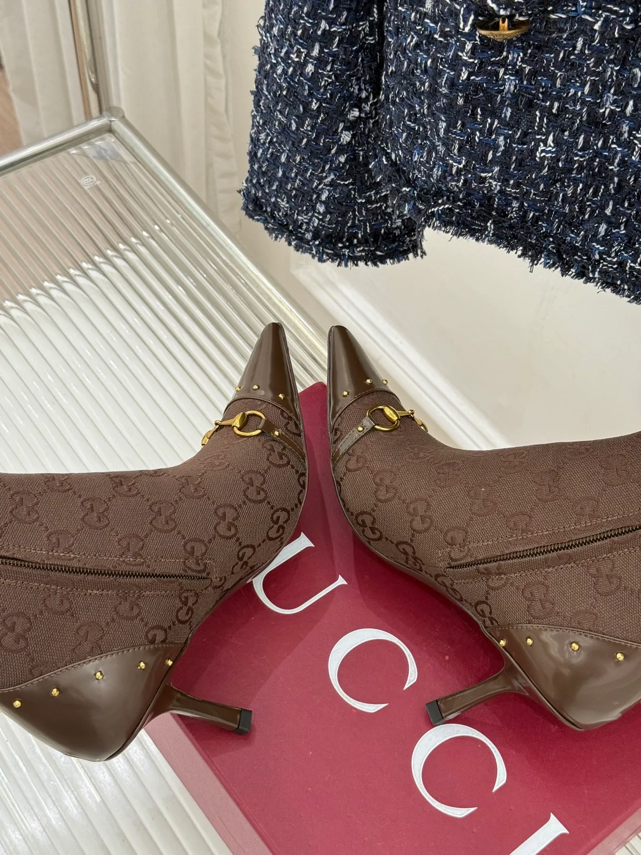 Gucci Sheepskin Canvas Ankle Boots in Brown · view 6