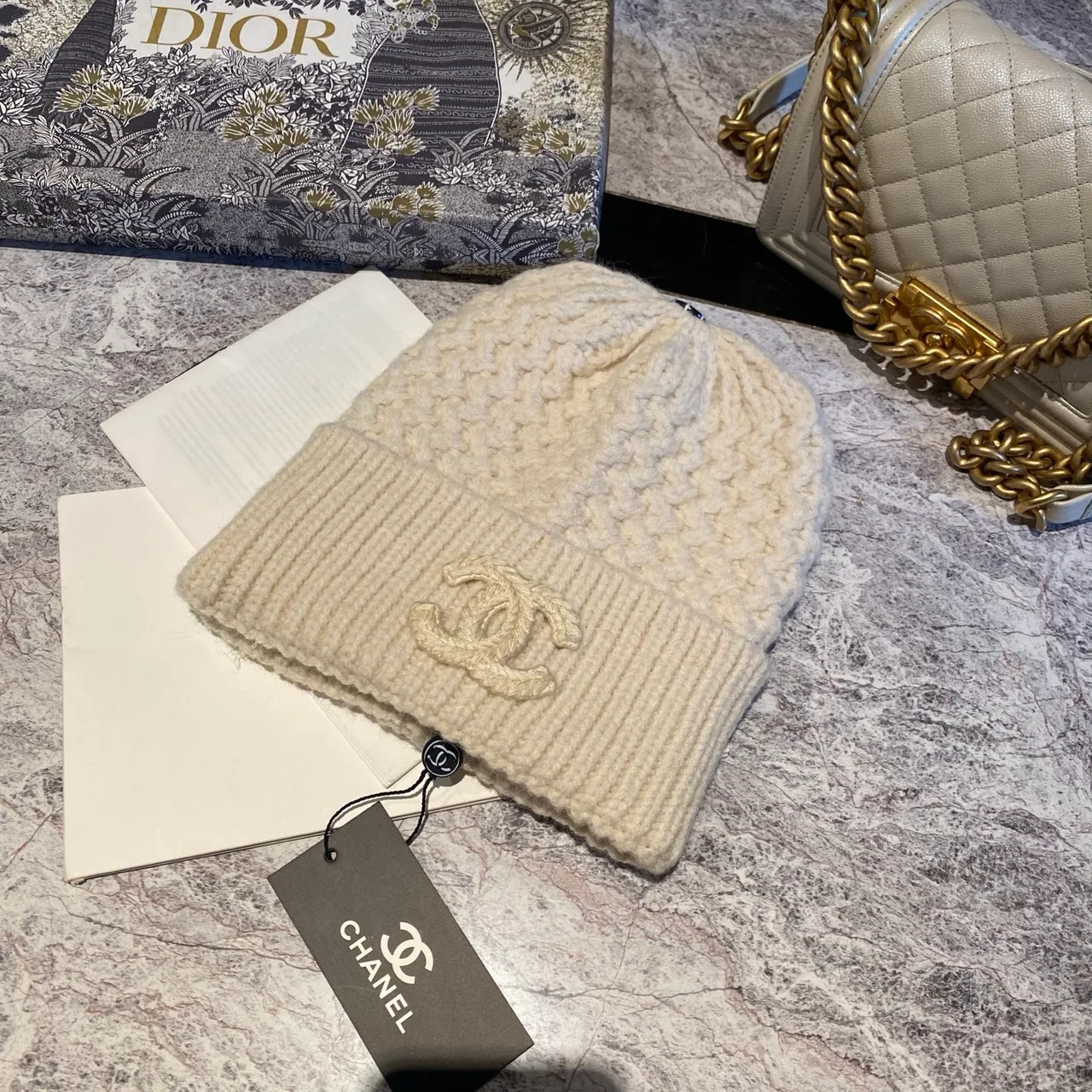 Chanel CC Knit Beanie in Black & White & Beige · view 3