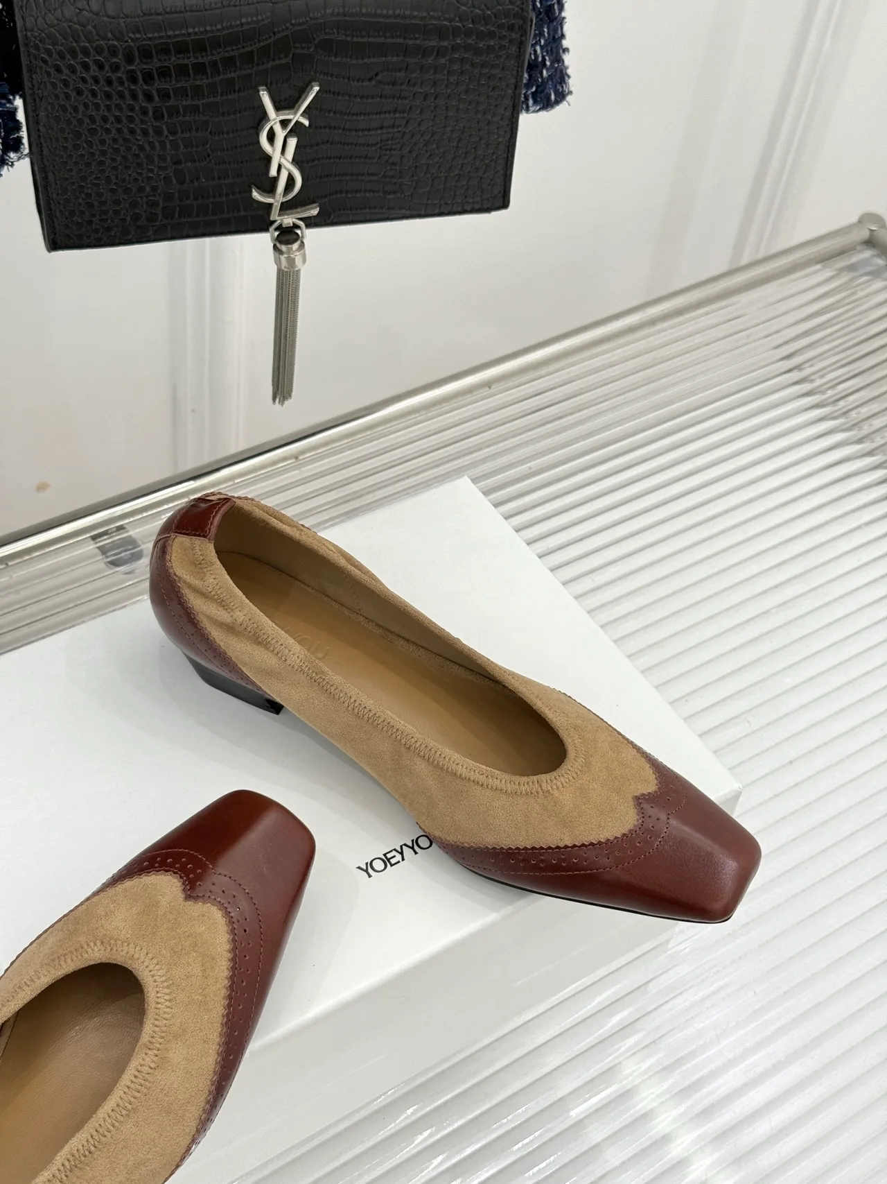 YOEYYOU Lambskin Denim Block-Heel Shoes in Beige · view 5