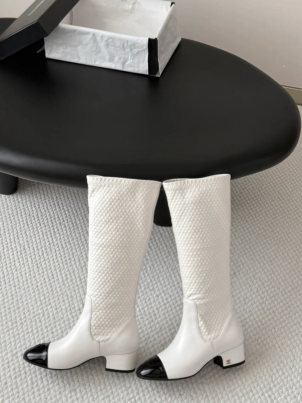 Chanel Cowhide Glossy Pointed-Toe Knee-High Boots in White · view 7