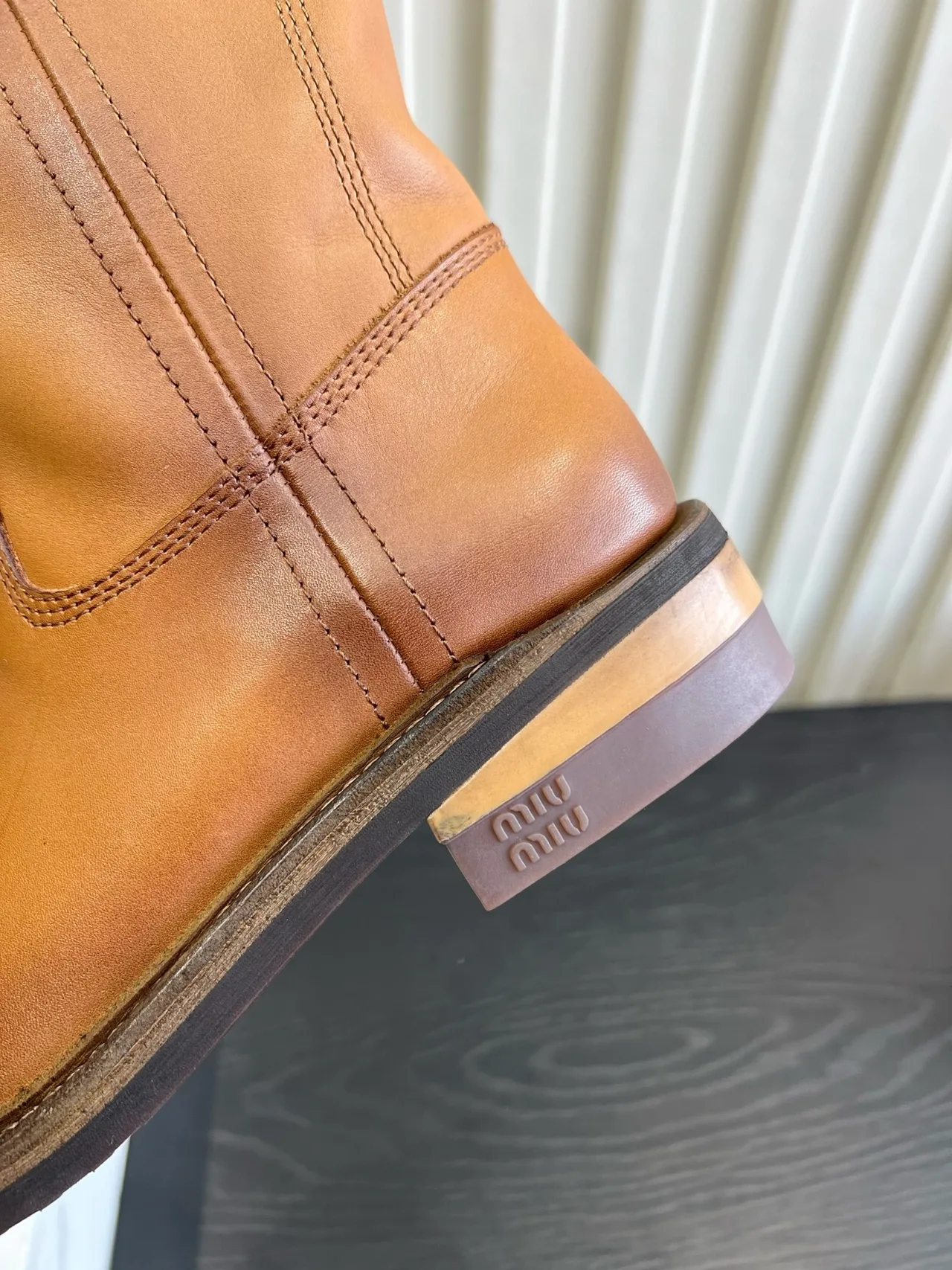 Miu Miu Cowhide Smooth Round-Toe Mid-Calf Boots in Tan · view 8