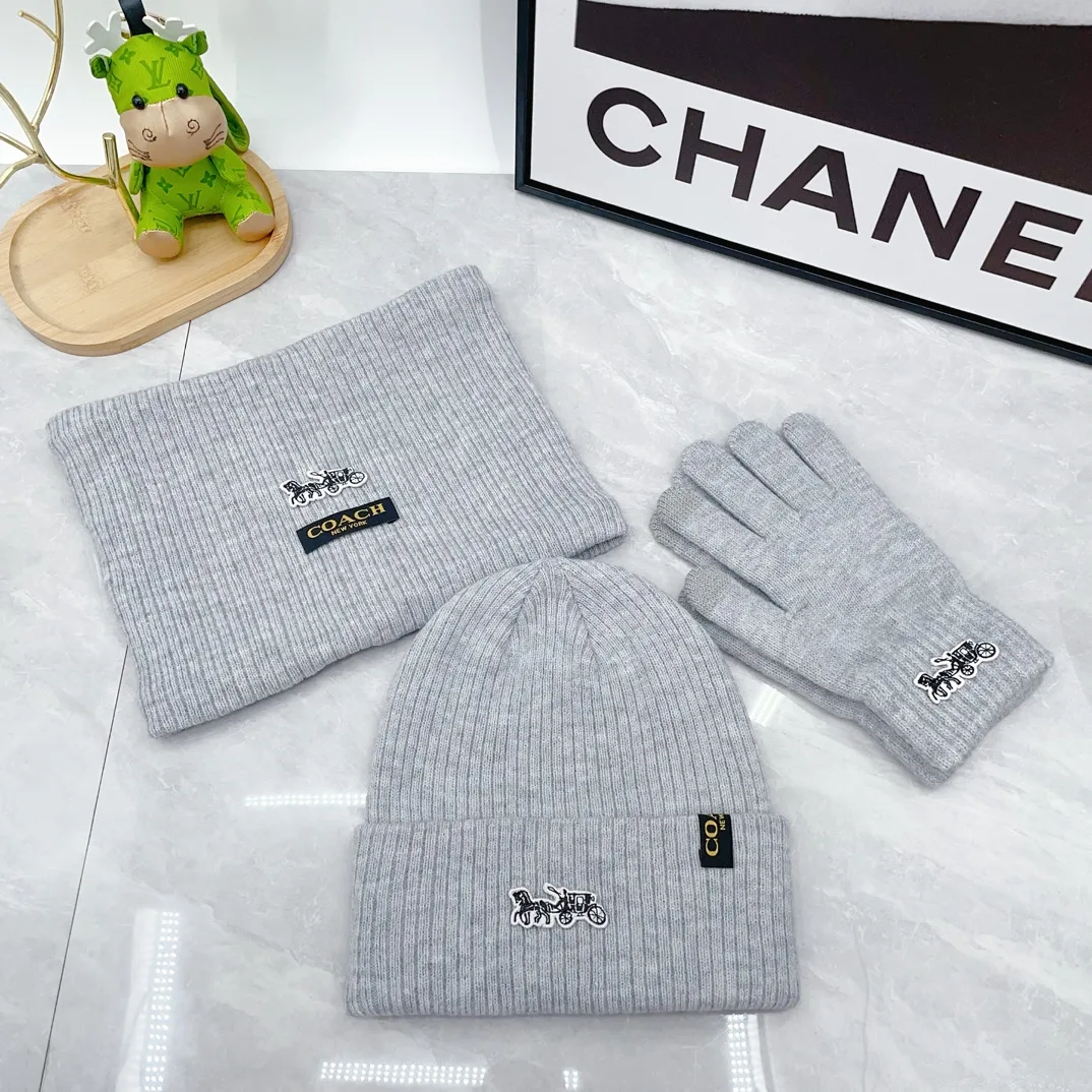 Coach Wool Ribbed Embroidered Hat Scarf and Gloves Set in Grey · view 1