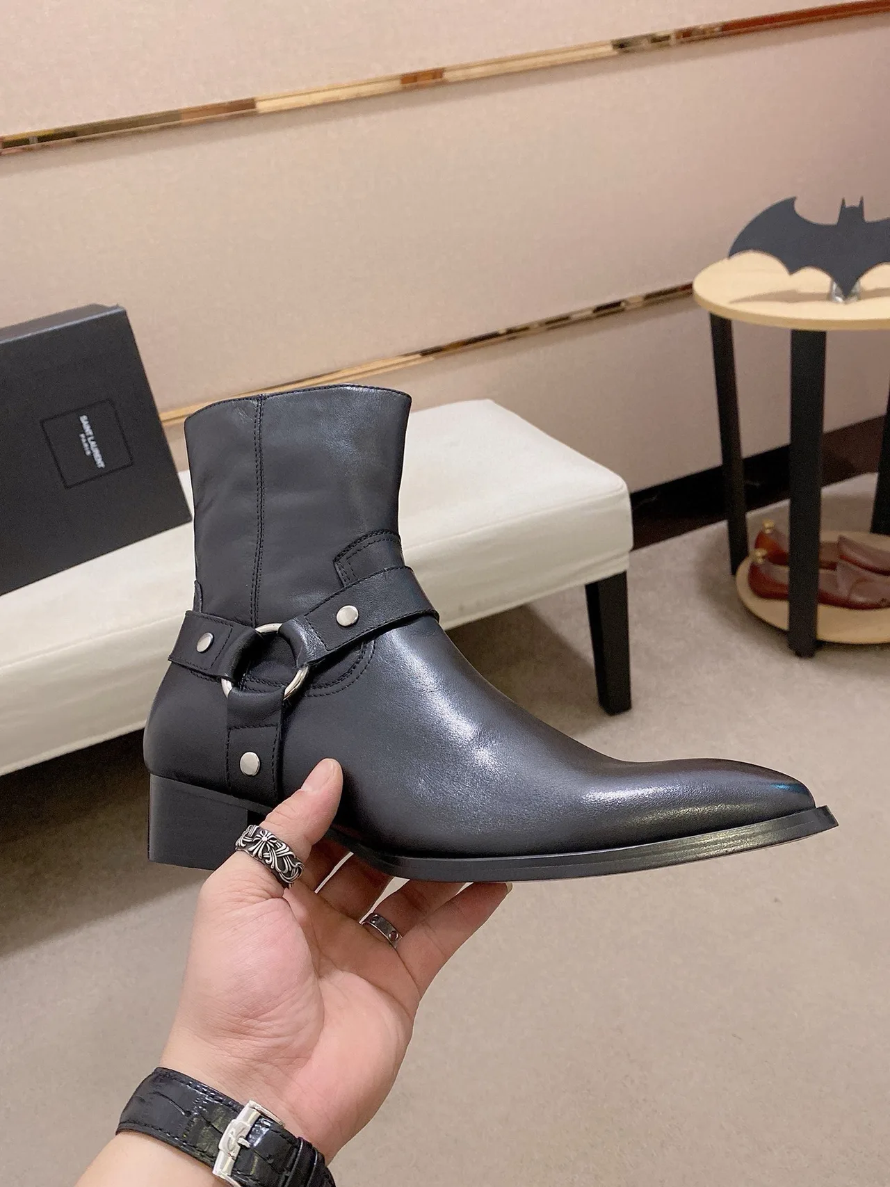 Saint Laurent Cowhide Glossy Pointed-Toe Boots in Black · view 4