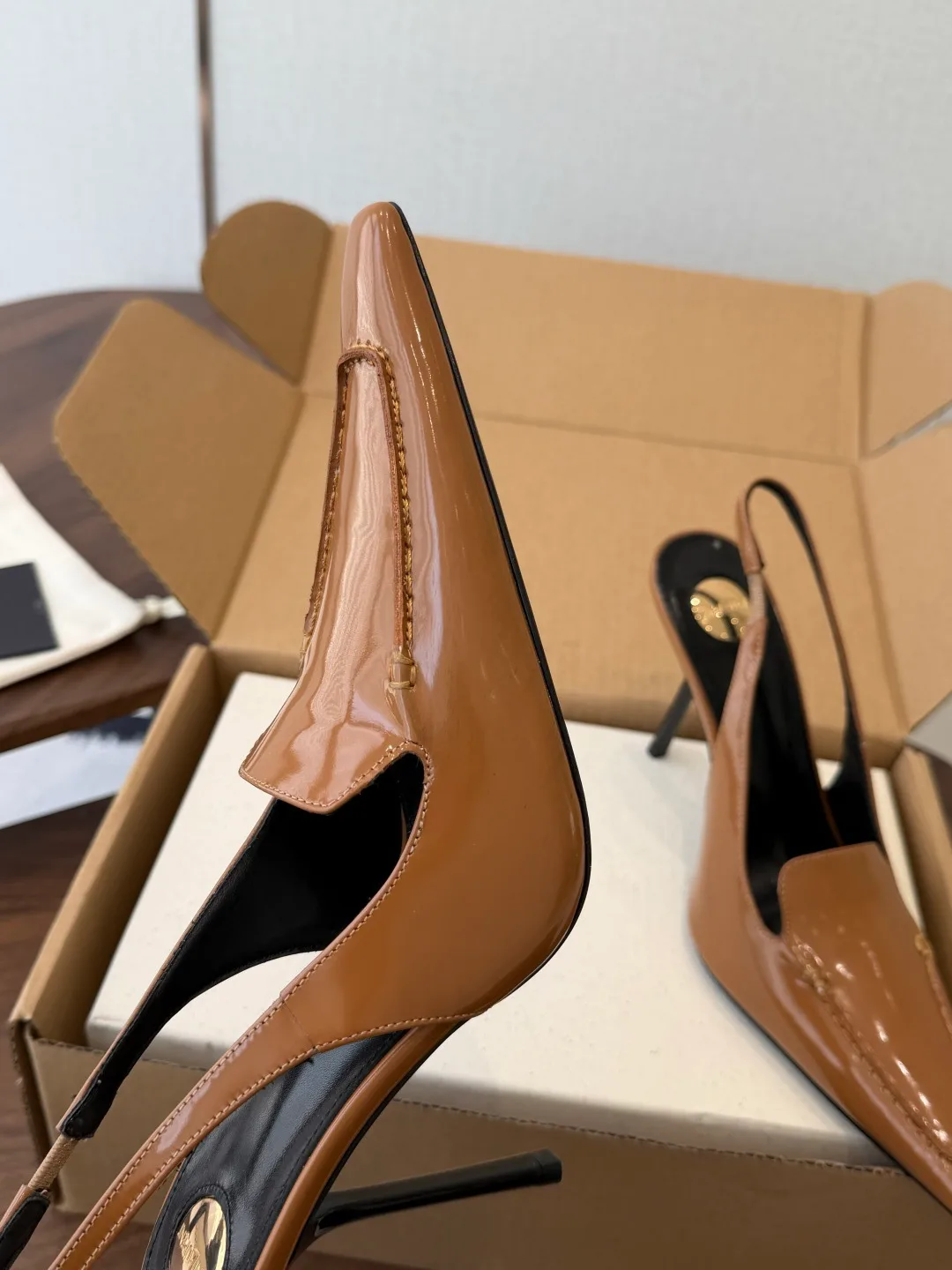 Saint Laurent Cowhide Slingback Heels in Brown · view 6