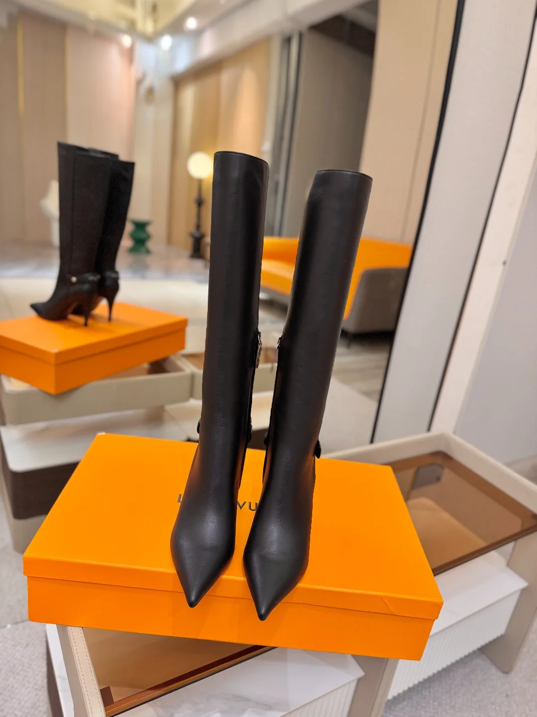 Louis Vuitton Calfskin Glossy Pointed-Toe Buckle Knee-High Stiletto Boots in Black · view 4