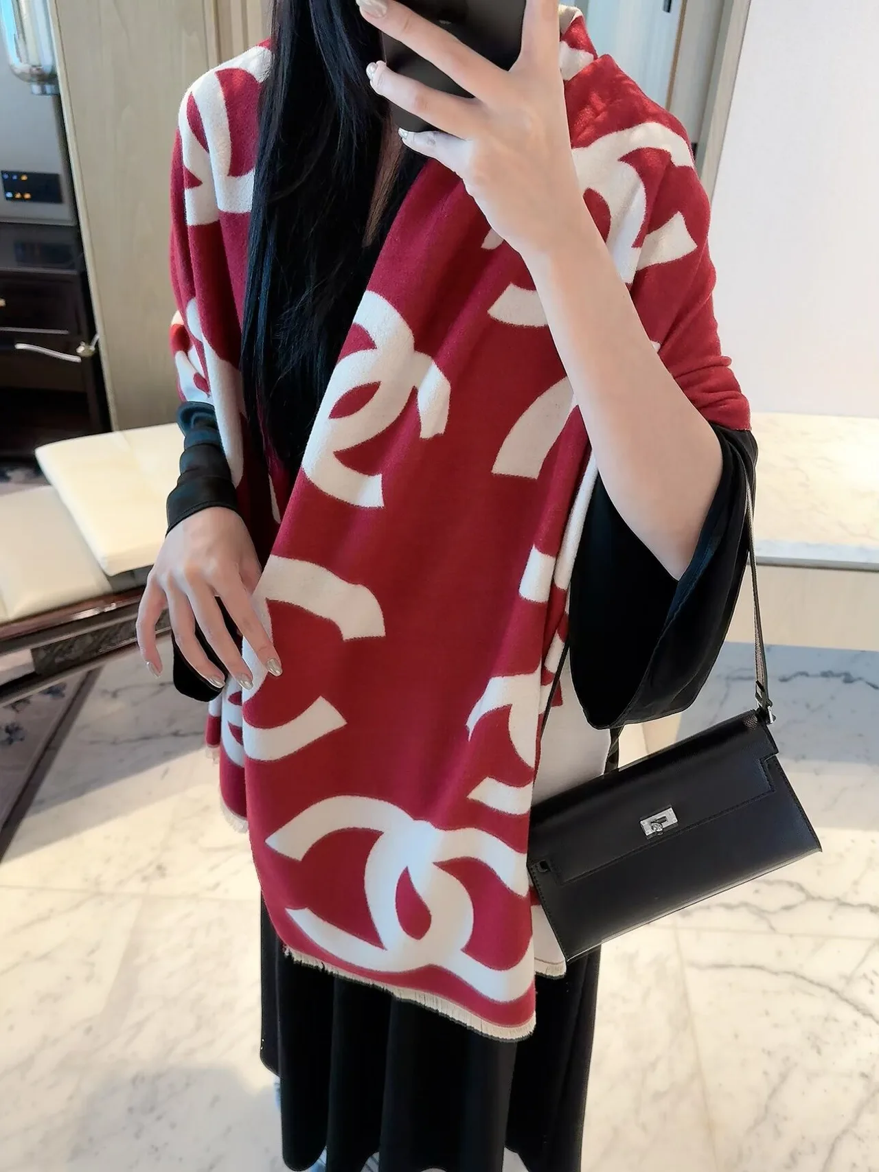 Chanel CC Jacquard Scarf in Grey & Black & Red · view 8