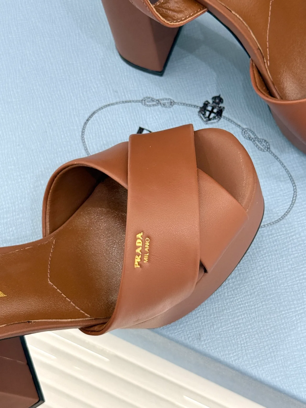 Prada Denim Round-Toe Sandals in Brown · view 7