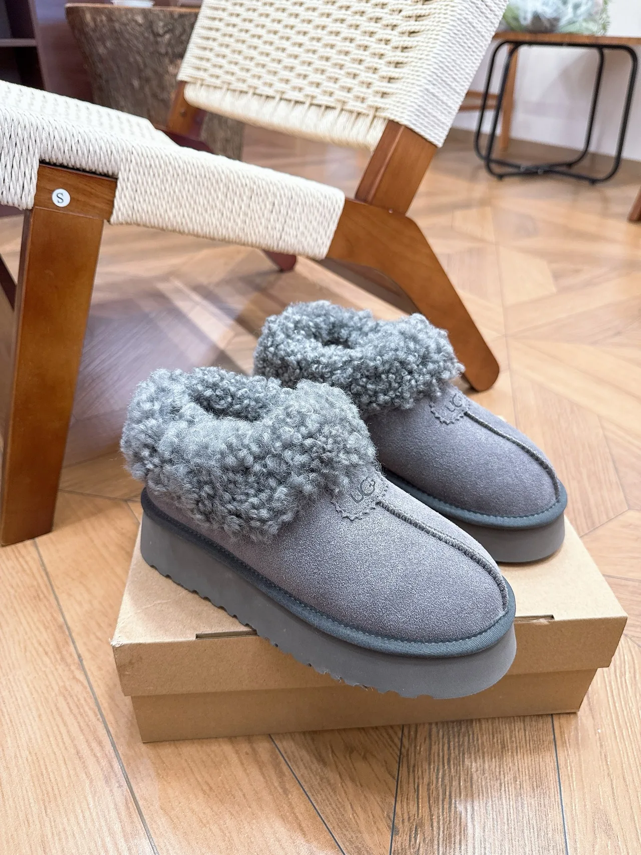 UGG Cowhide Wool Suede-Look Slippers in Grey · view 2
