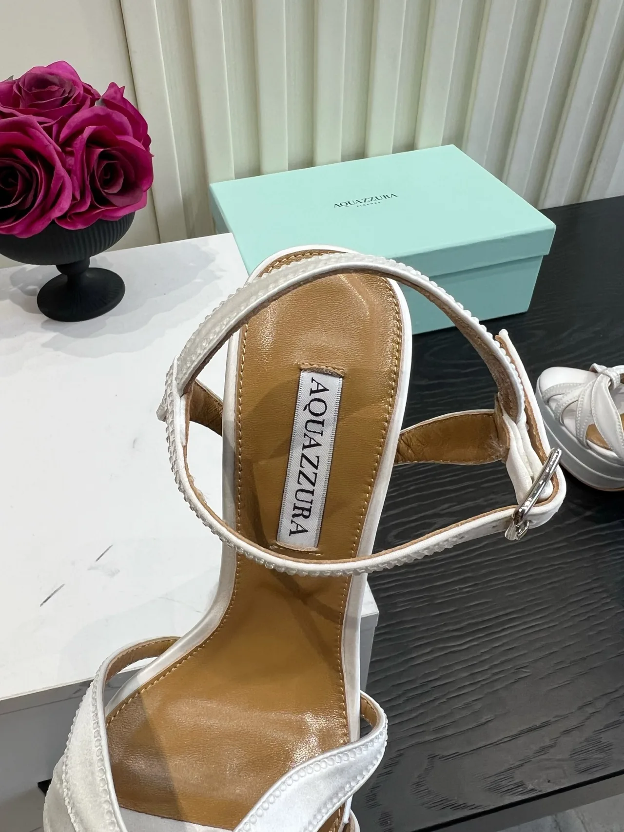 Aquazzura Silk Platform Heeled Sandals in White · view 8