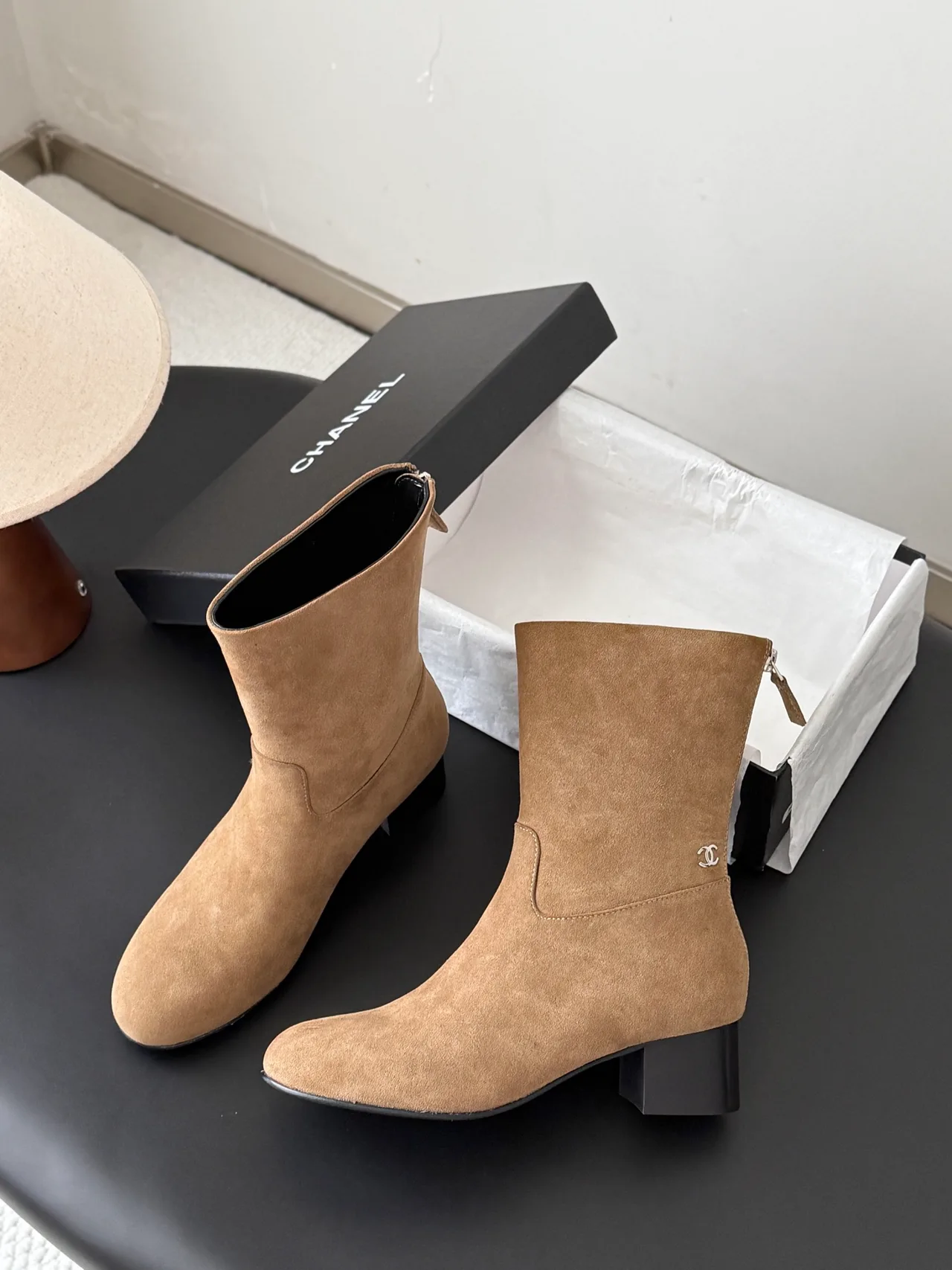 Chanel Sheepskin Suede-Look Round-Toe Ankle Boots in Tan · view 3