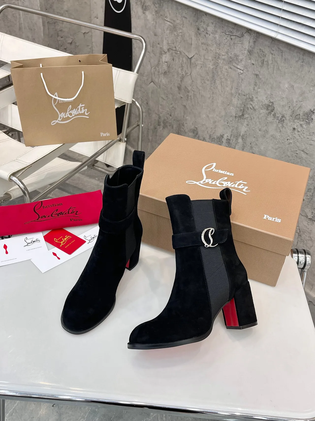 Christian Louboutin Calfskin Suede-Look Pointed-Toe Buckle Ankle Boots in Black · view 4