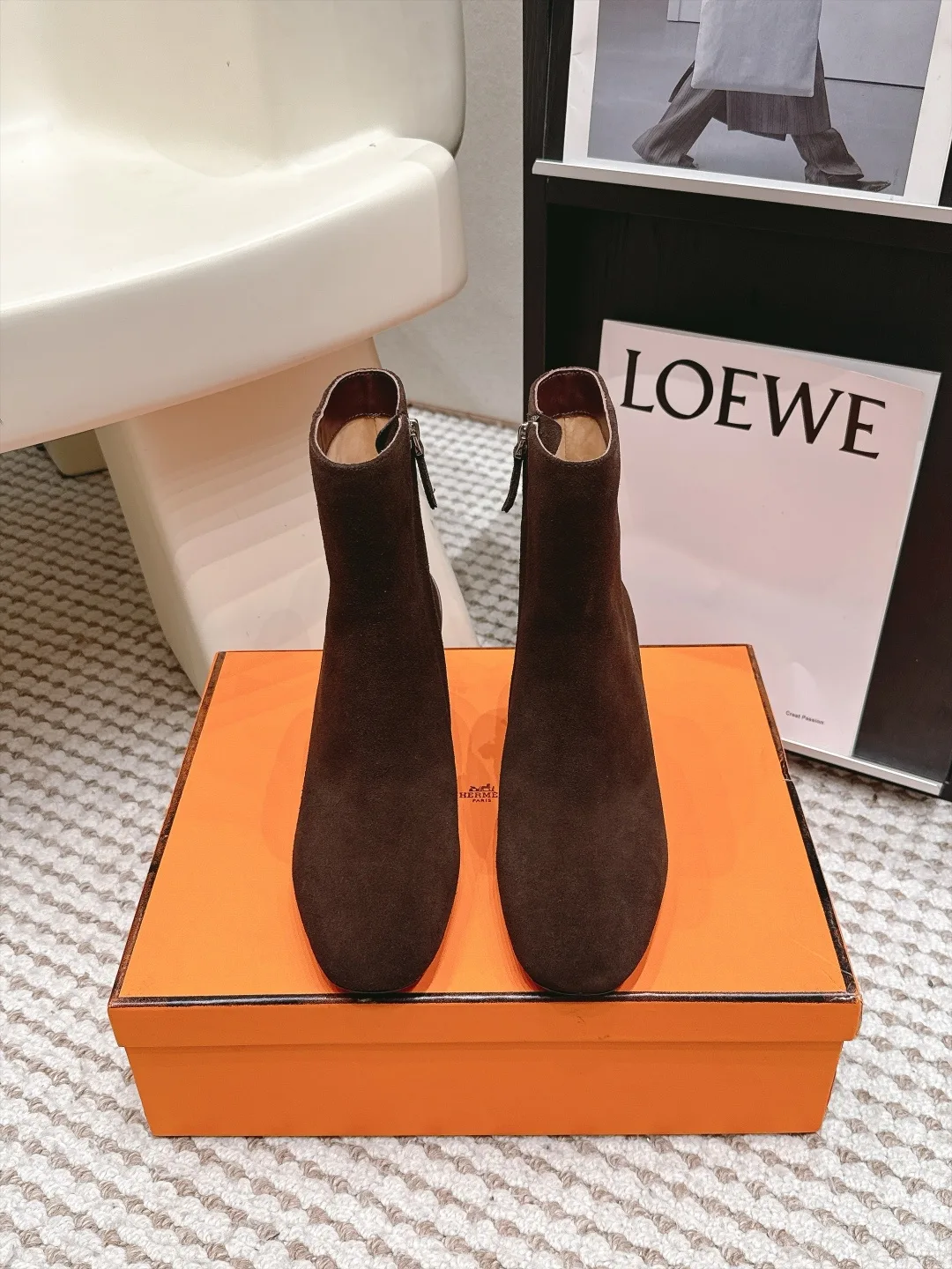 Loewe Glossy Suede-Look Pointed-Toe Ankle Boots in Brown · view 1