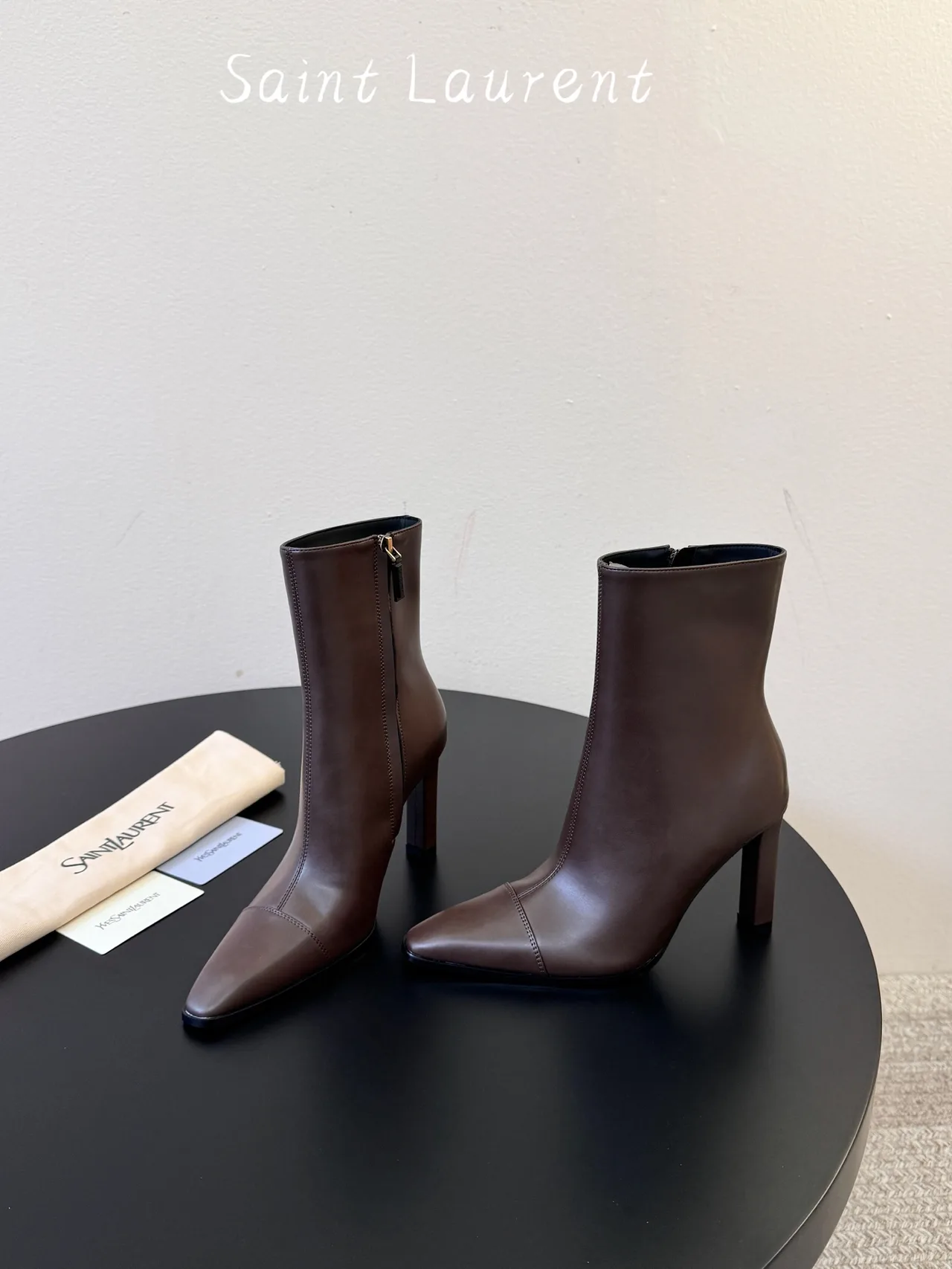 Saint Laurent Glossy Square-Toe Ankle Boots in Brown · view 3