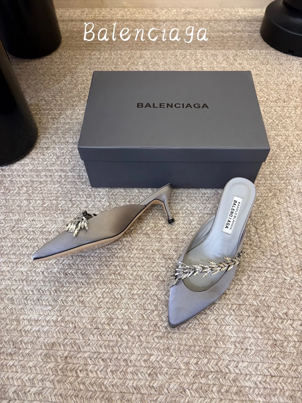 Balenciaga Silk Pointed-Toe Chain-Detail Mules in Grey · view 5