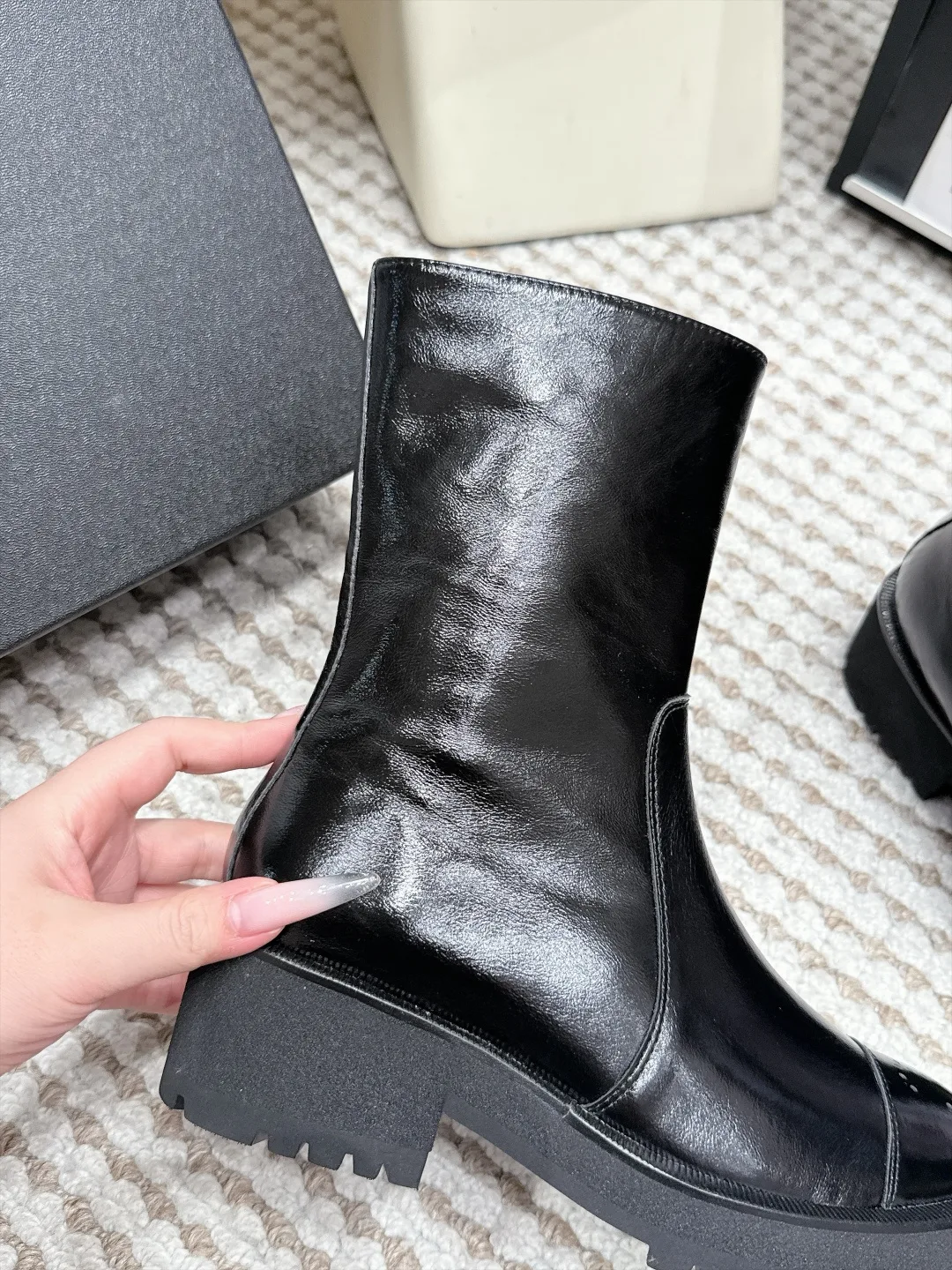 Loewe Cowhide Glossy Round-Toe Ankle Boots in Black · view 7