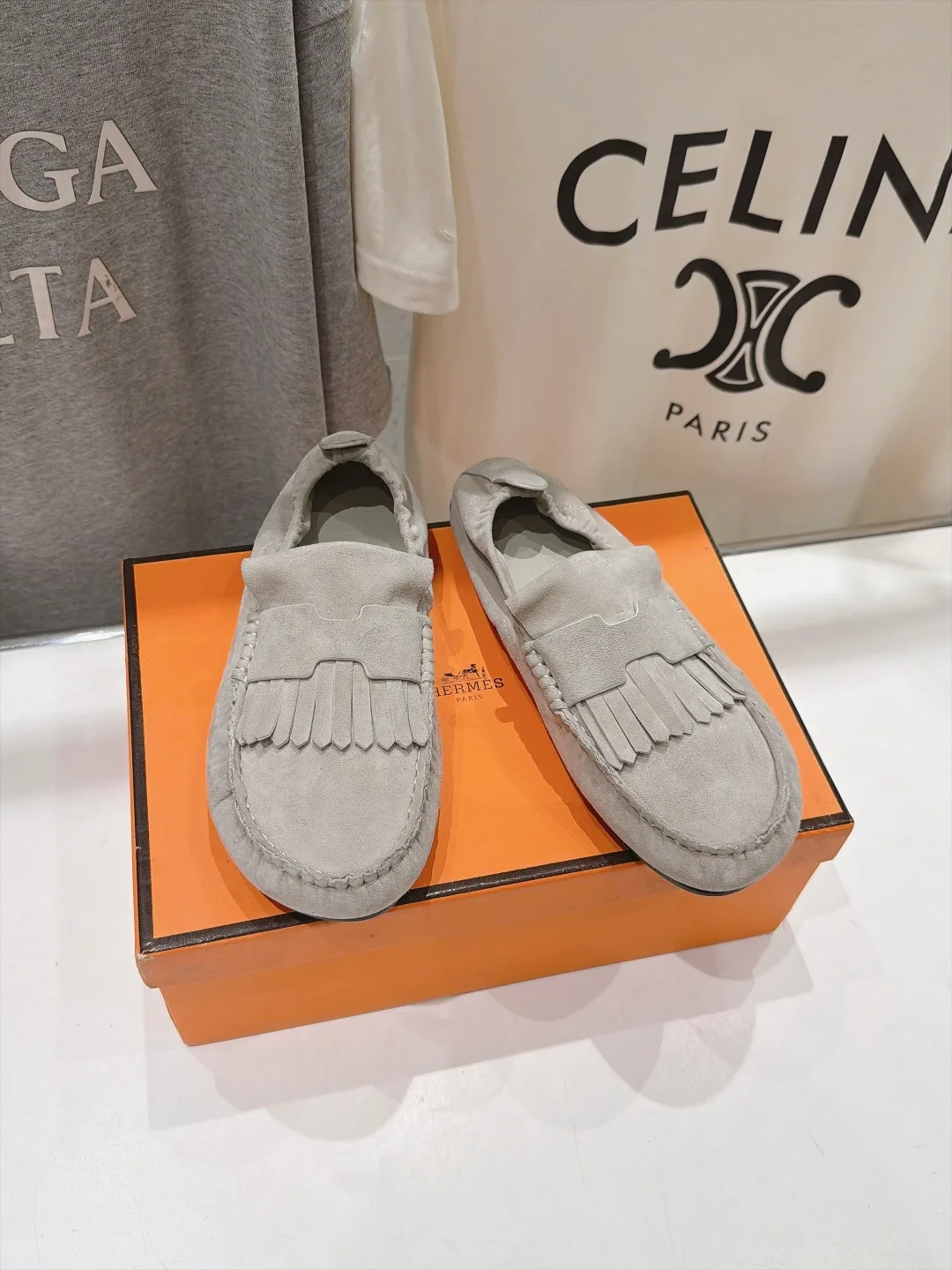 Hermes Suede-Look Round-Toe Loafers in Grey · view 2