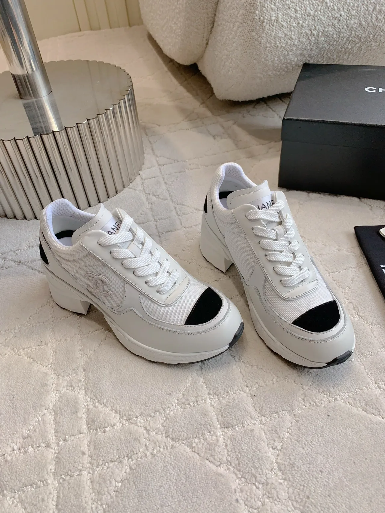 Chanel Cowhide Platform Sneakers in White · view 3