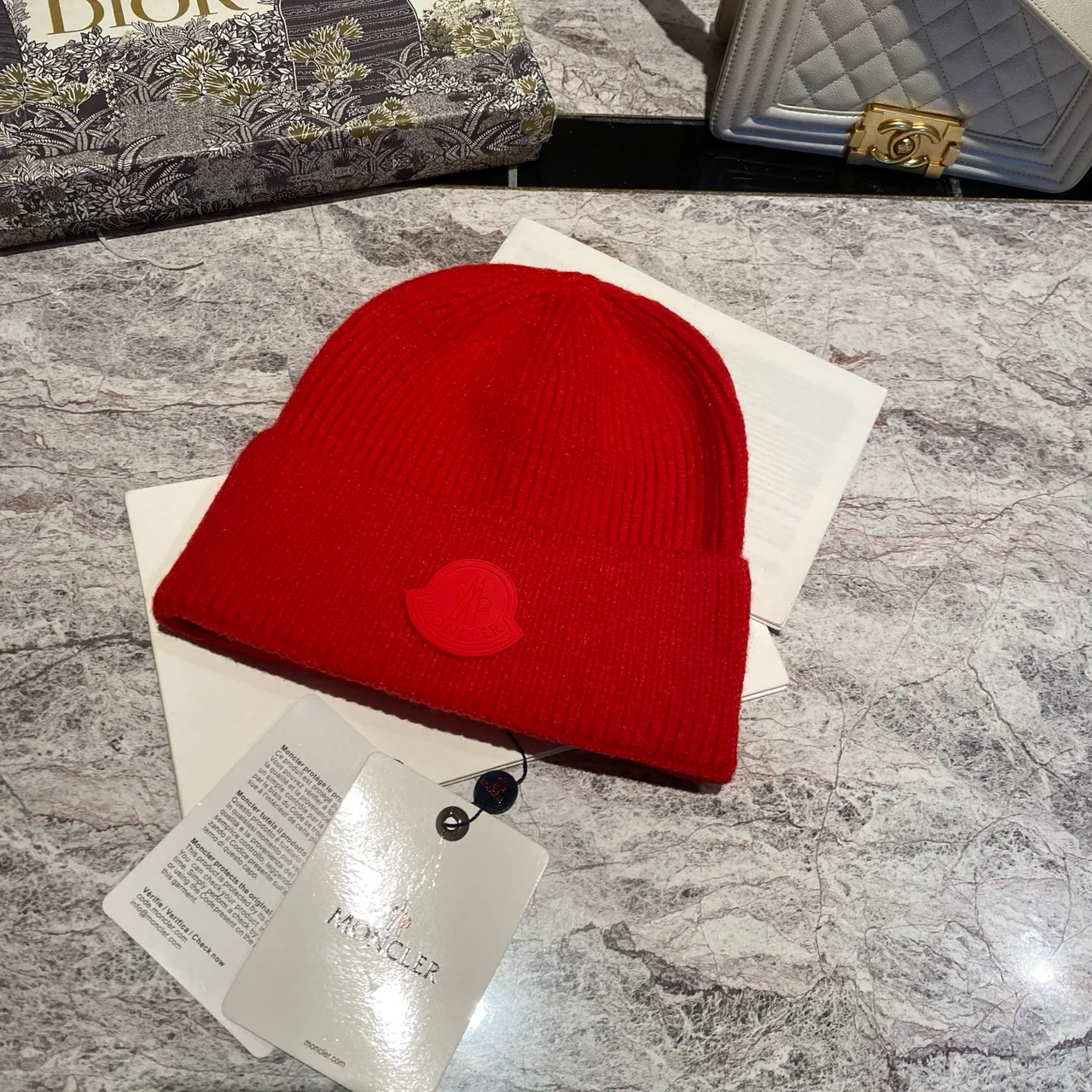 Moncler Beanie in Red & White & Black · view 1