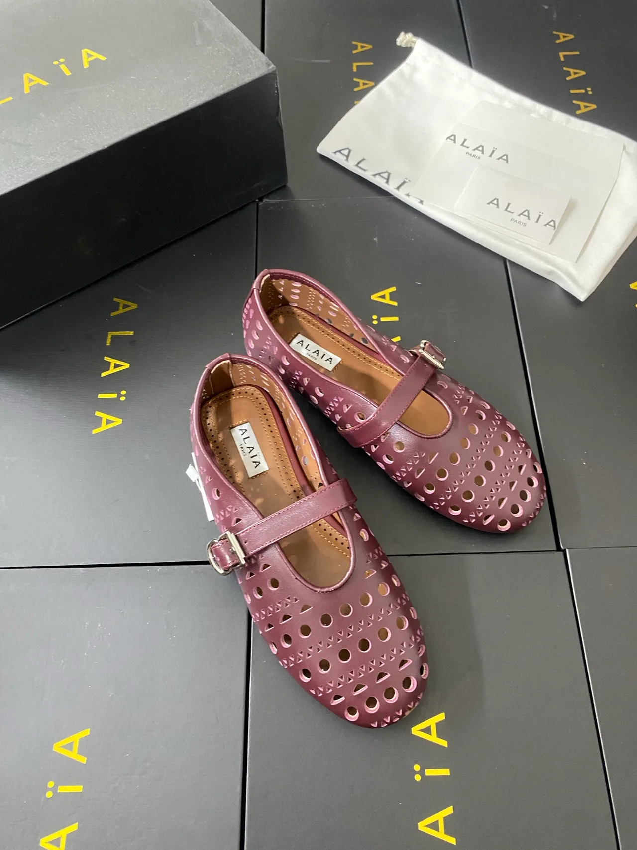 Alaia Cowhide Sheepskin Smooth Buckle Ballet Flats in Pink · view 5