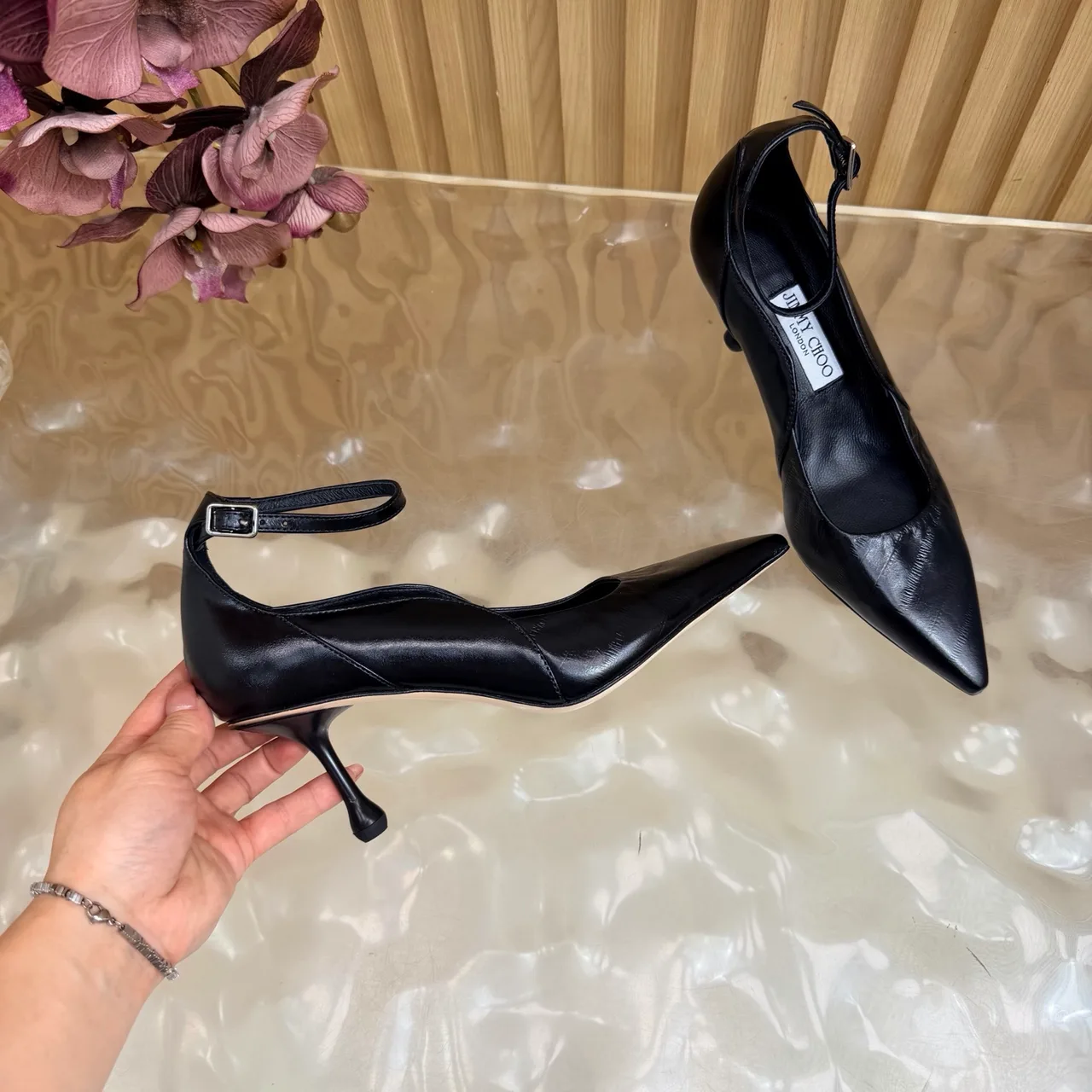 Jimmy Choo Cowhide Glossy Pointed-Toe Pointed Heel Pumps in Black · view 8