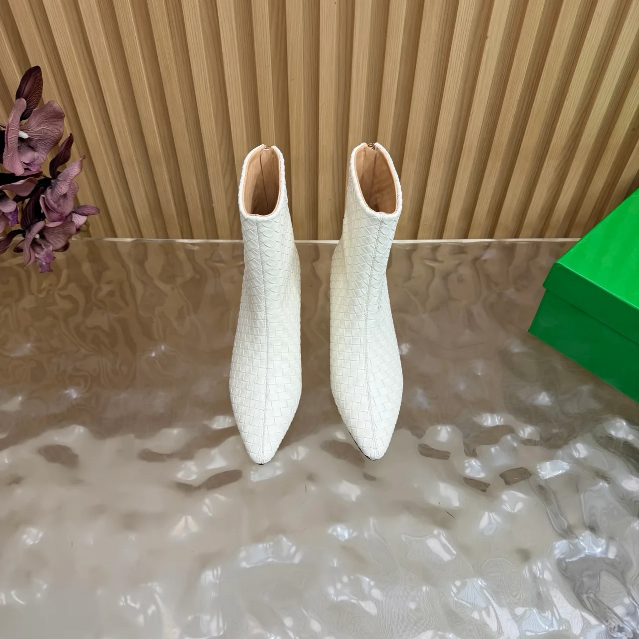 Bottega Veneta Pointed-Toe Woven Ankle Boots in White · view 4
