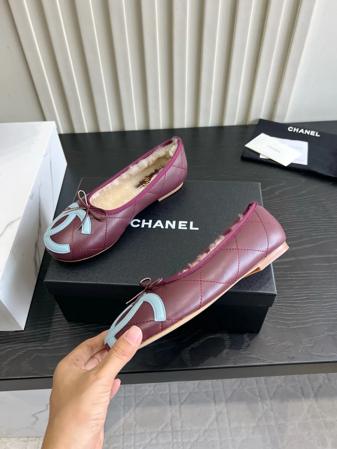 Chanel Sheepskin Quilted Bow Fur-Lined Ballet Flats in Burgundy · view 5