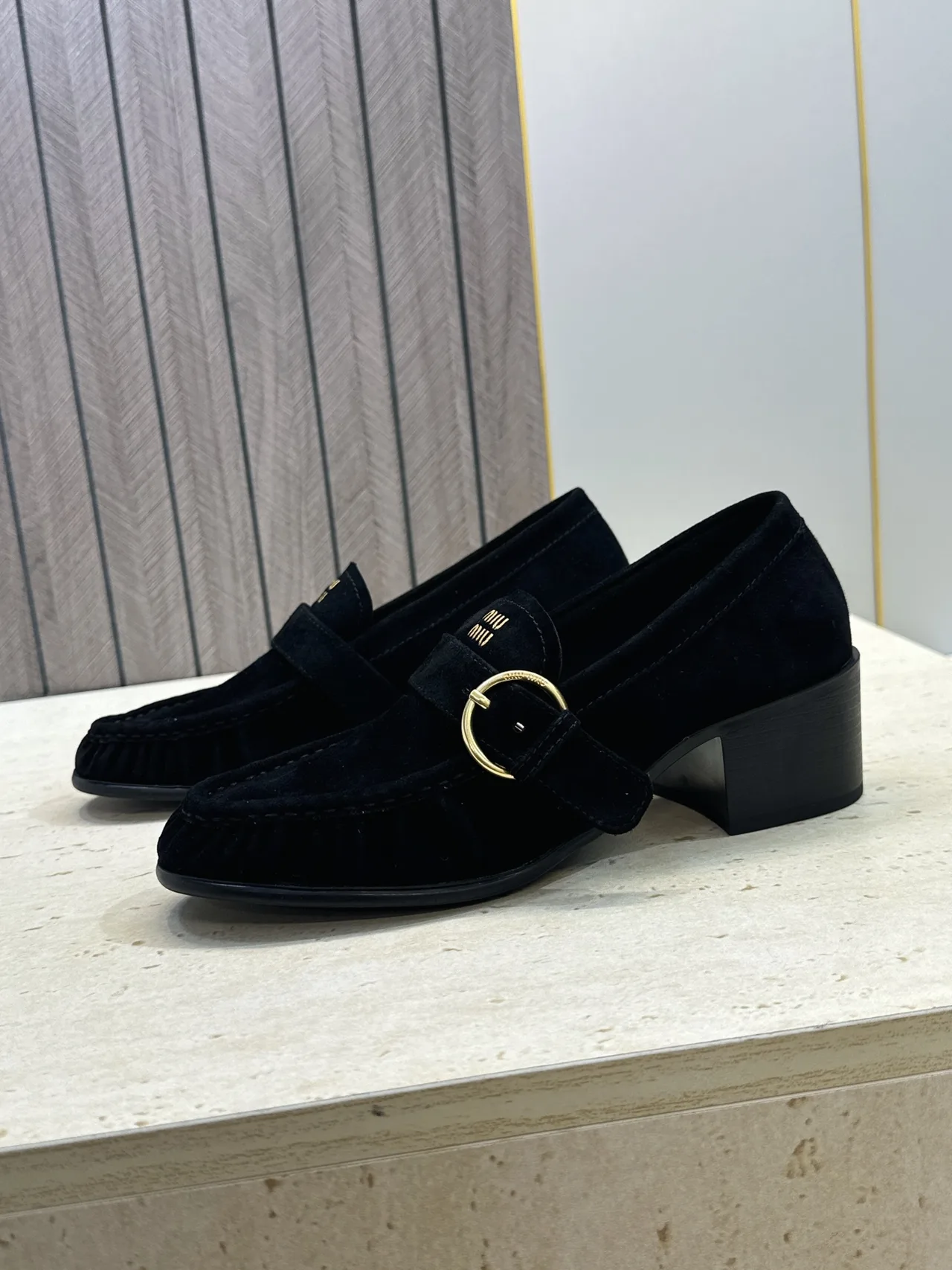 Miu Miu Cowhide Sheepskin Buckle Suede Heeled Loafers in Black · view 5