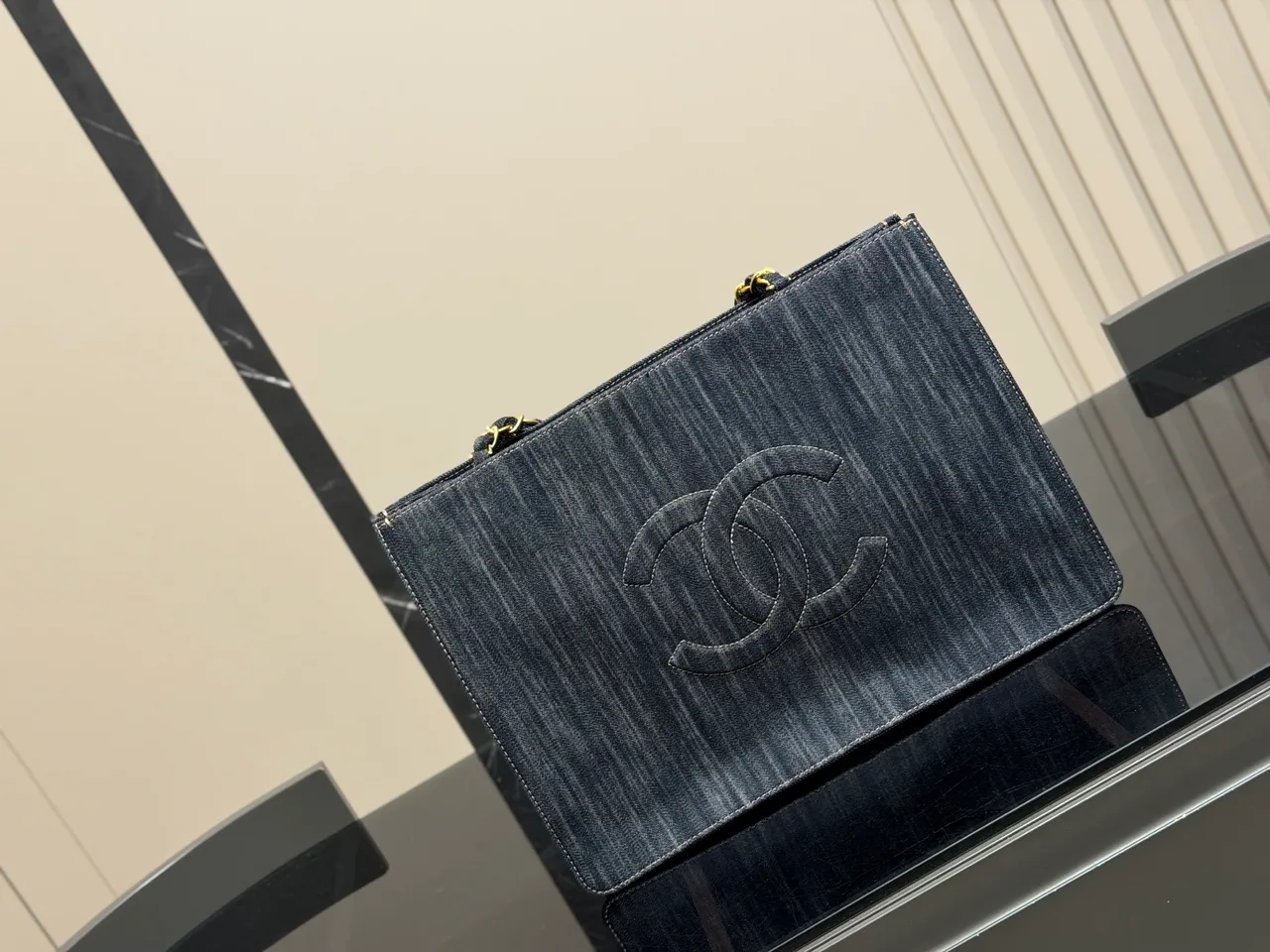 Chanel Denim Chain Tote in Blue · view 1
