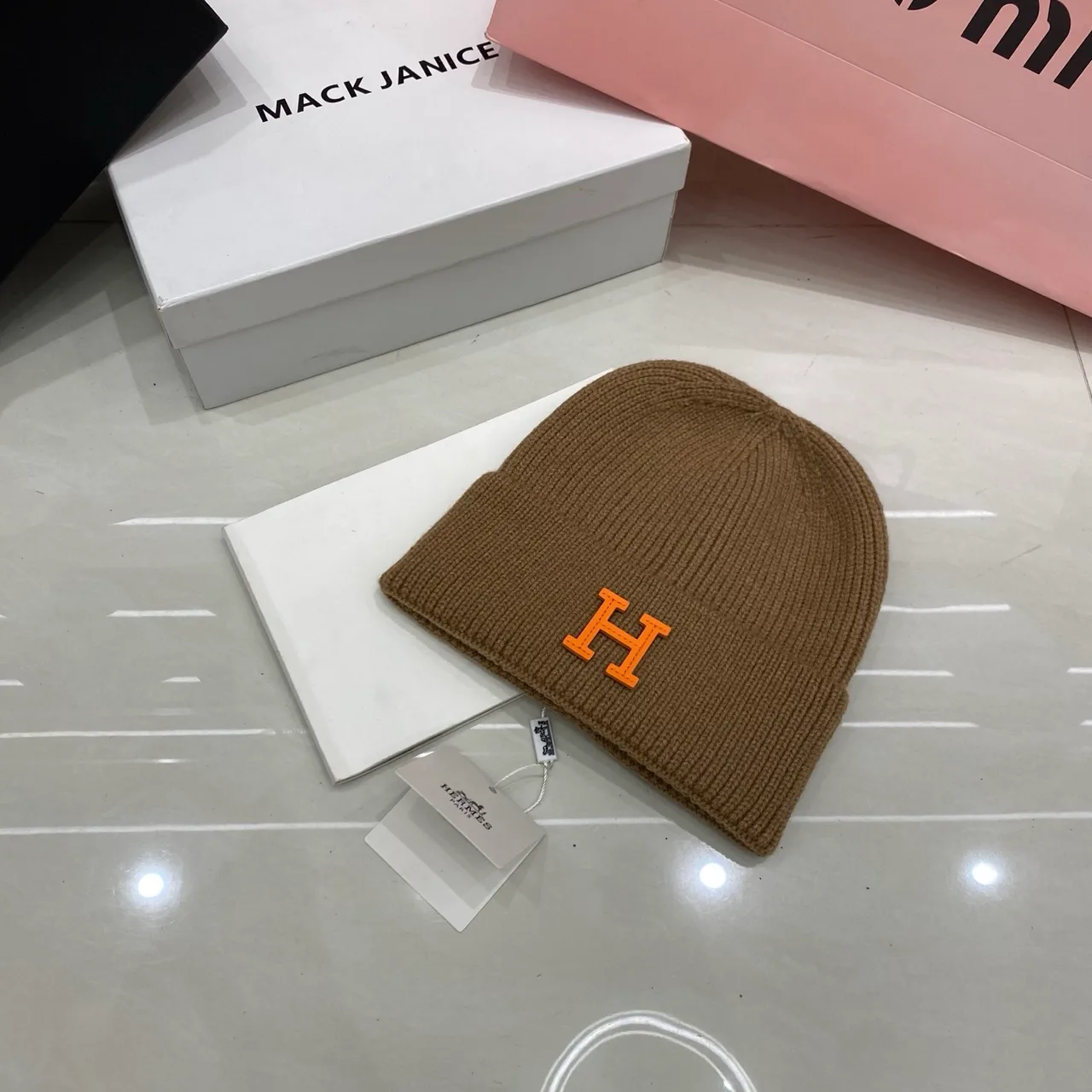 Hermes H Knit Beanie in Grey & Blue & White & Pink & Black & Yellow & Red & Brown & Orange · view 6