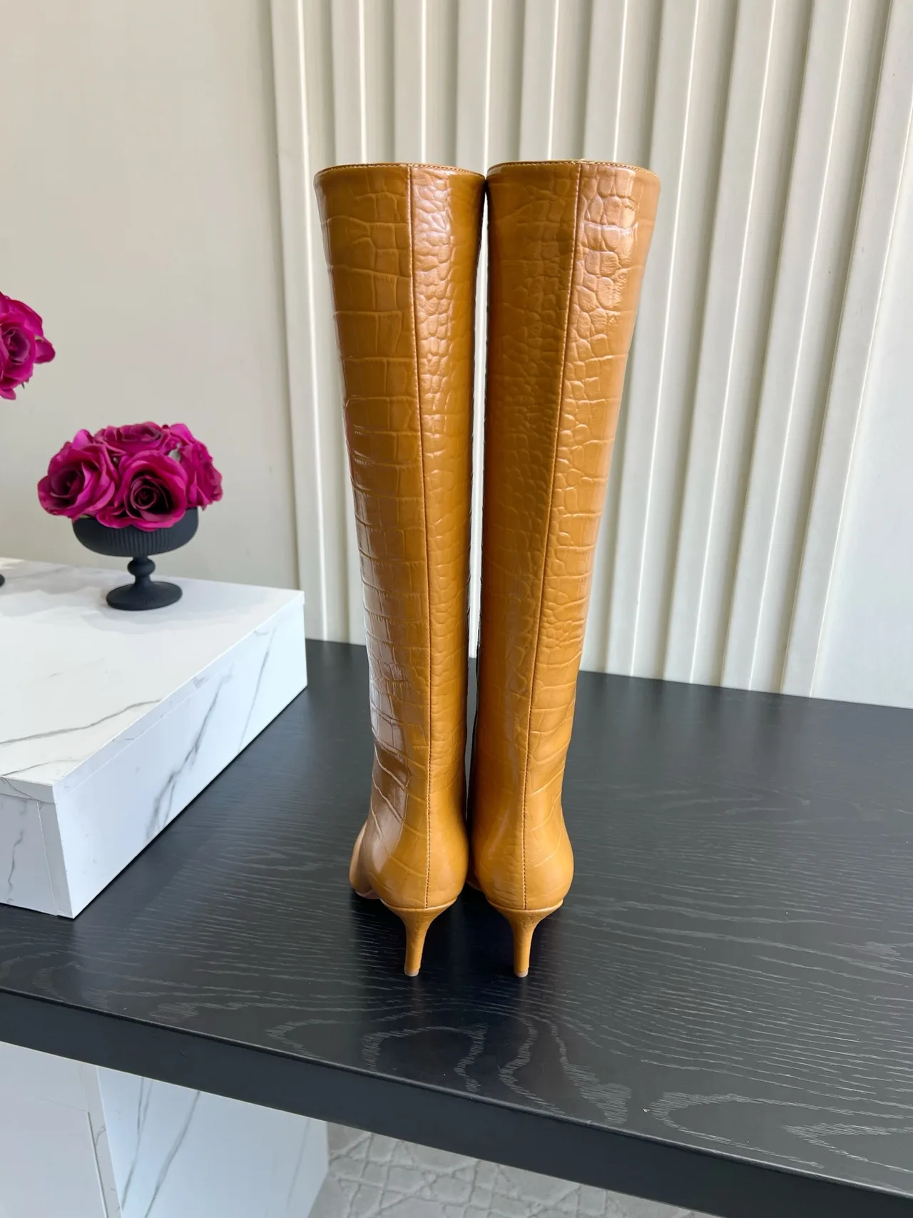 Amina Muaddi Cowhide Glossy Pointed-Toe Knee-High Boots in Tan · view 3