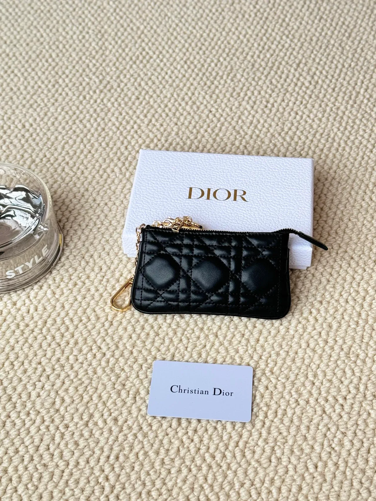 Dior Lambskin Quilted Glossy Zip Key Pouch in Black · view 1