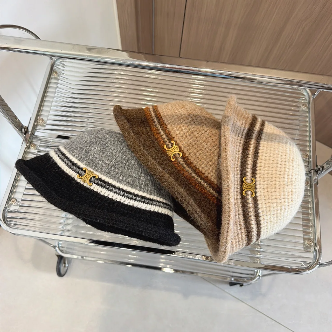 Celine Knit Bucket Hat in Grey & Tan & Cream · view 8